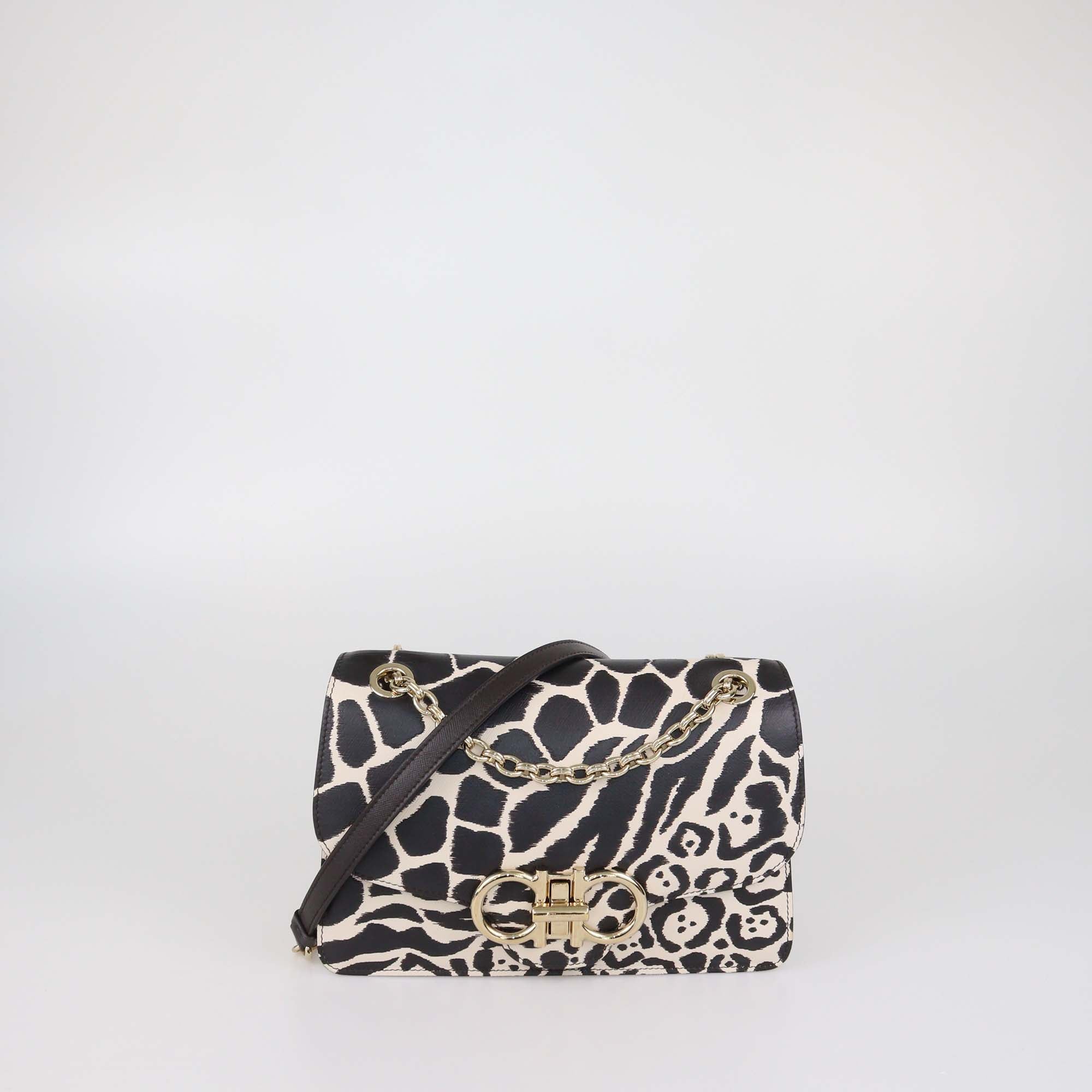 Salvatore Ferragamo Black/White Leopard Embossed Leather Gancini Turnlock Flap Bag