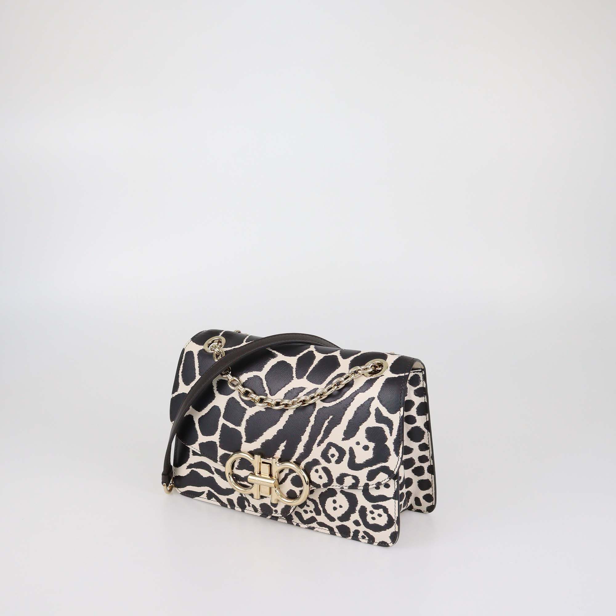 Salvatore Ferragamo Black/White Leopard Embossed Leather Gancini Turnlock Flap Bag