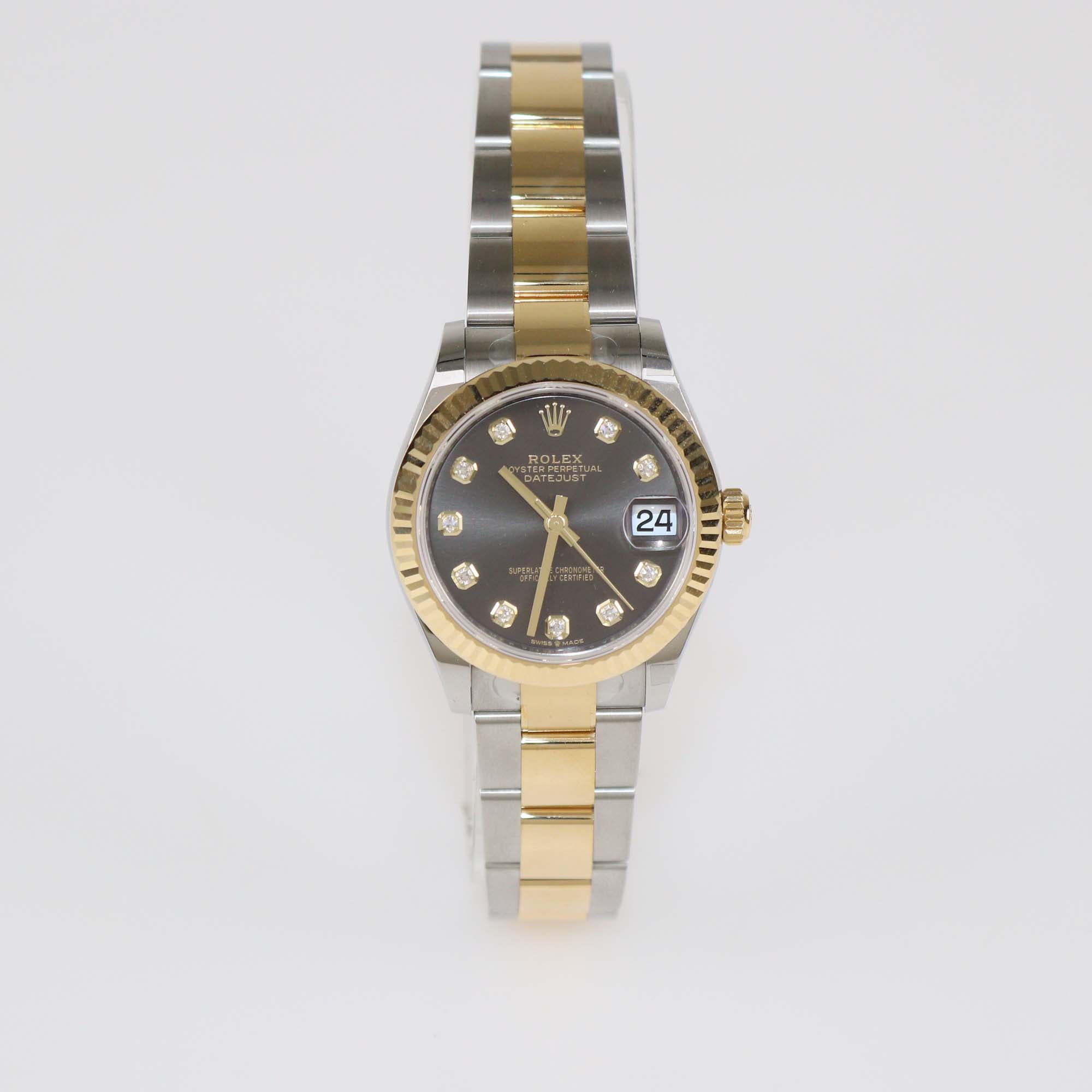 Rolex 18K Yellow Gold Oyster Steel Dark Grey Diamond Dial Datejust 31mm Watch