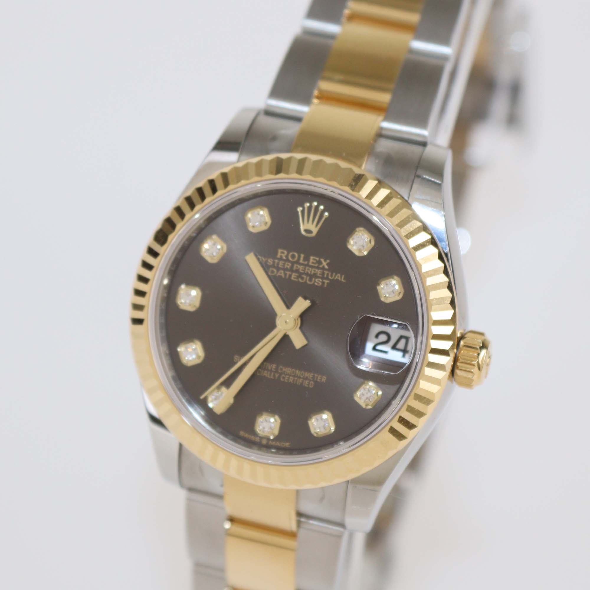 Rolex 18K Yellow Gold Oyster Steel Dark Grey Diamond Dial Datejust 31mm Watch