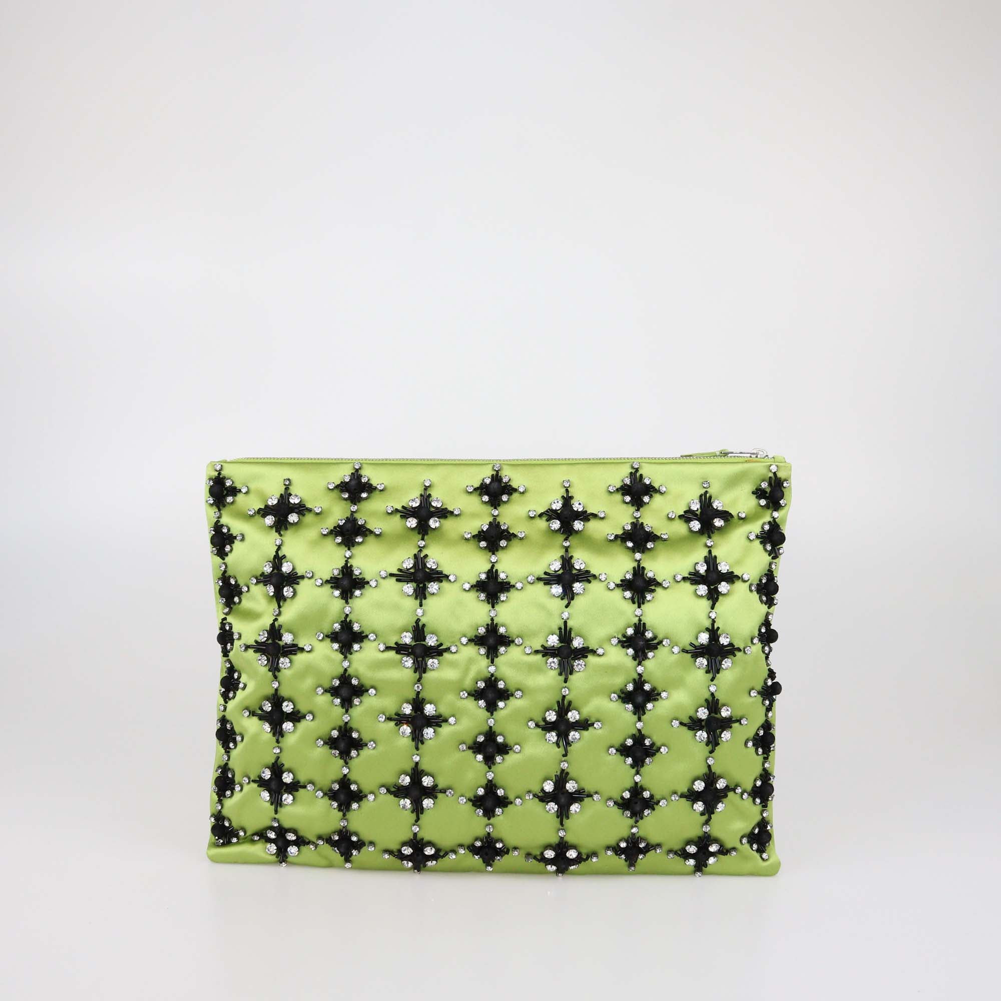 Giorgio Armani Green Satin Crystal Embellished Zip Pouch