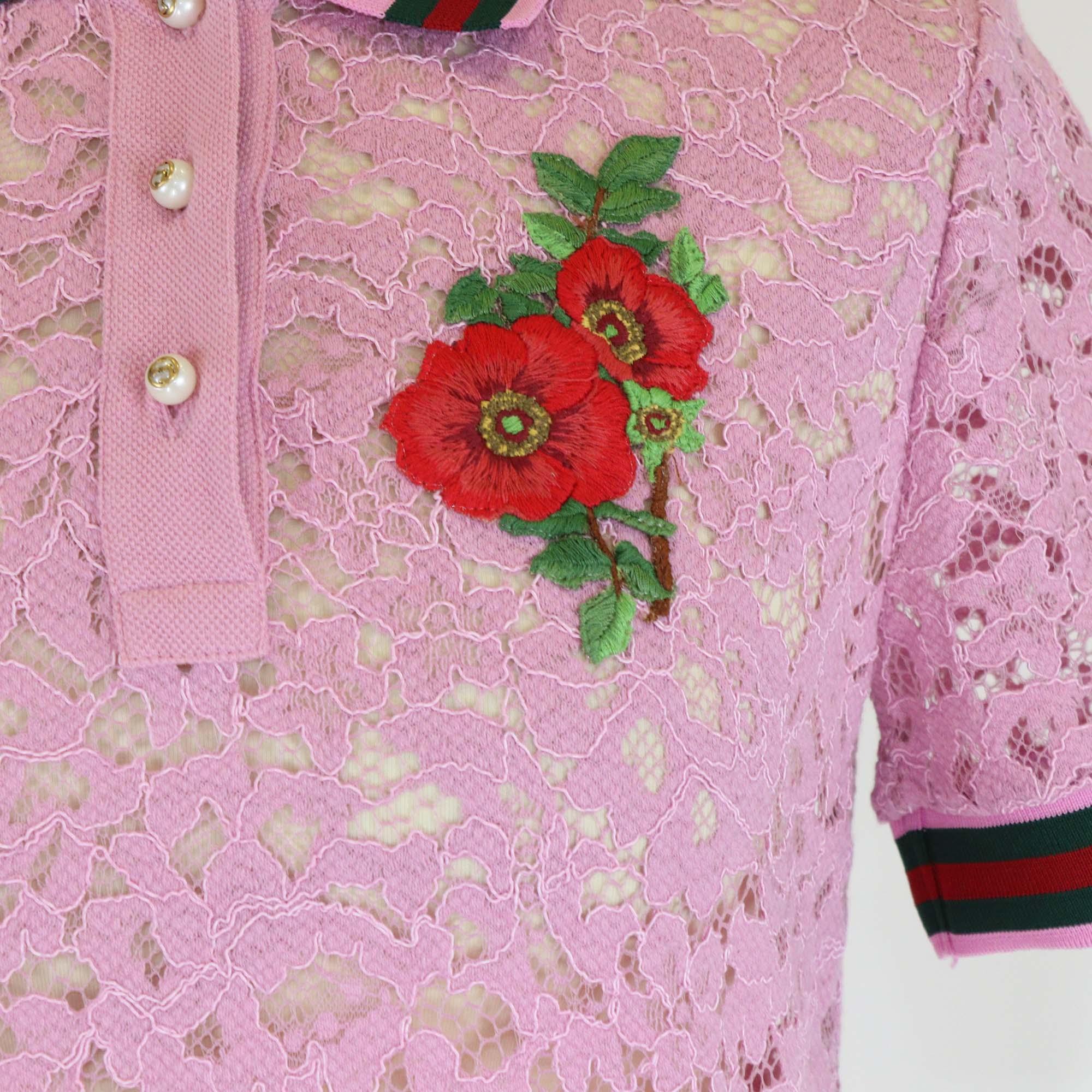 Gucci Black Cotton Lace Floral Embroidered Polo T-Shirt