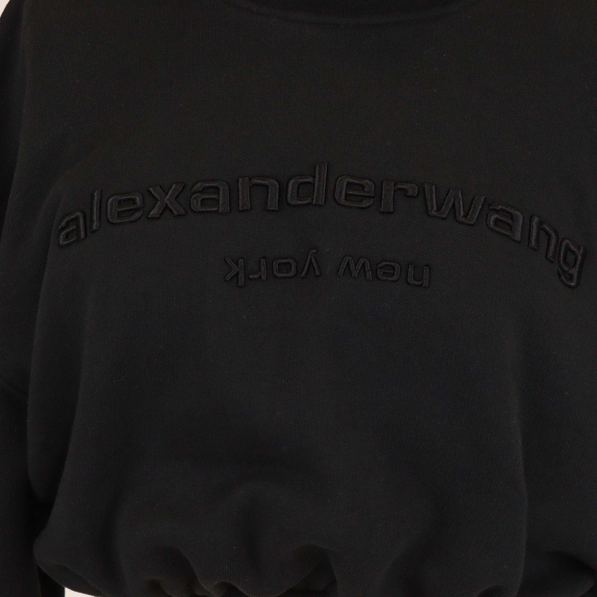 Alexander Wang Black Cotton Cropped Logo Embroidered Turtleneck Sweater