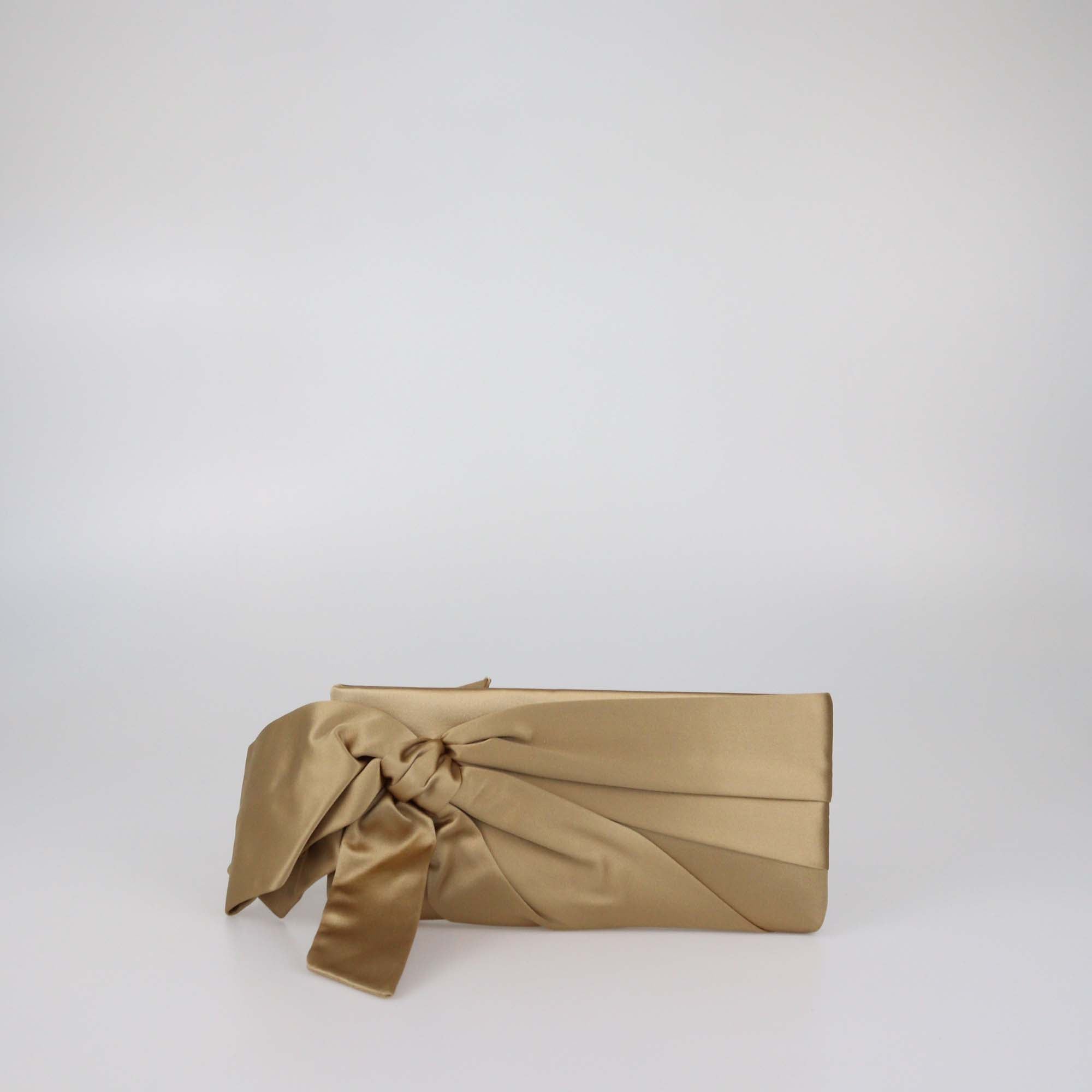Valentino Metallic Beige Satin Pleated Bow Clutch