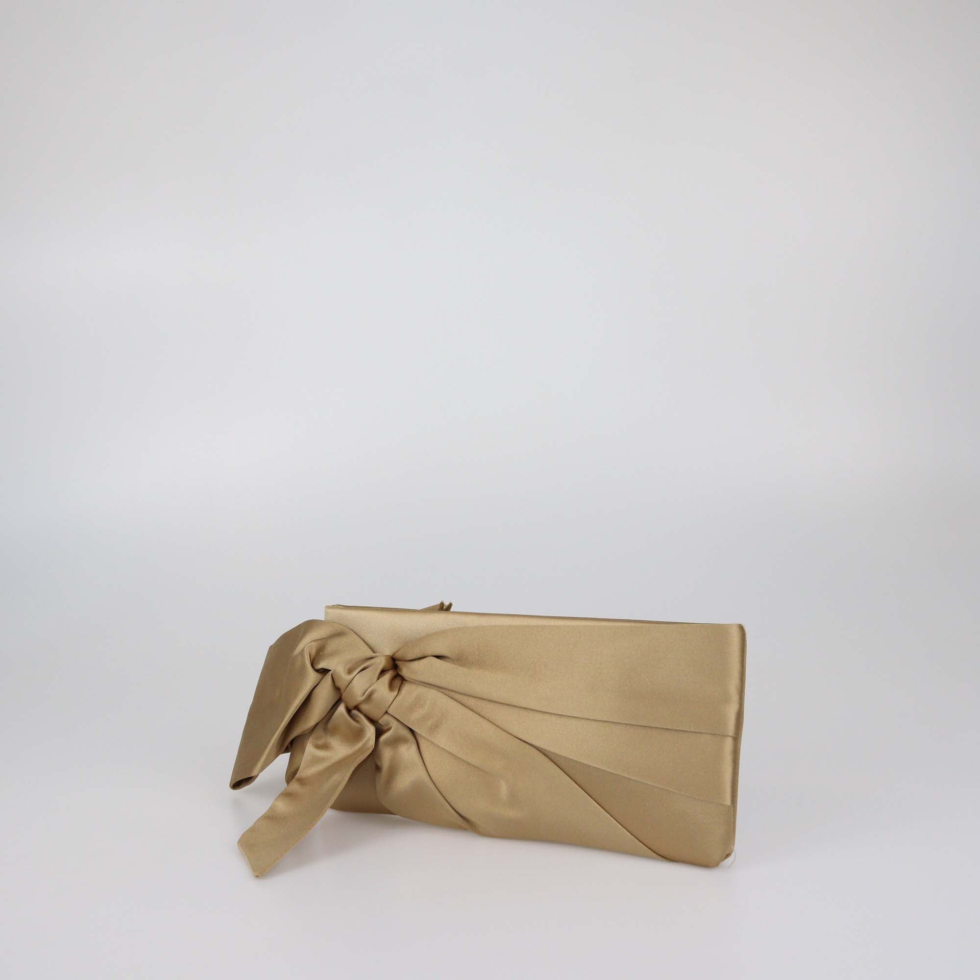 Valentino Metallic Beige Satin Pleated Bow Clutch