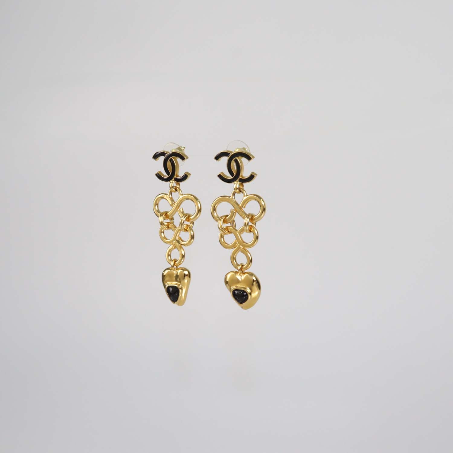 Chanel Gold Tone Metal Black Resin Hearts CC Logo Drop Earrings