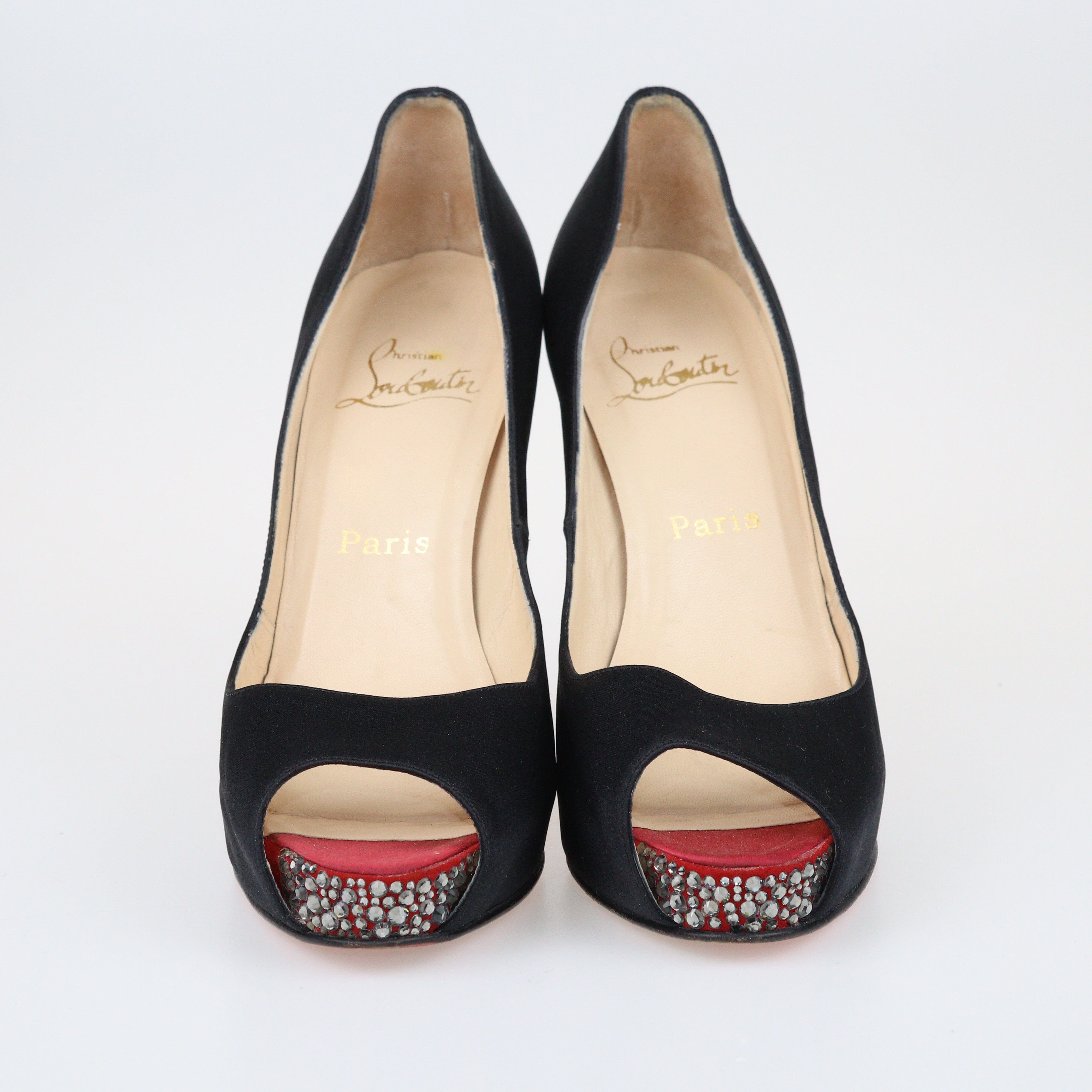Black Crystal Embellished Peep Toe Platform Pumps Shoes Christian Louboutin