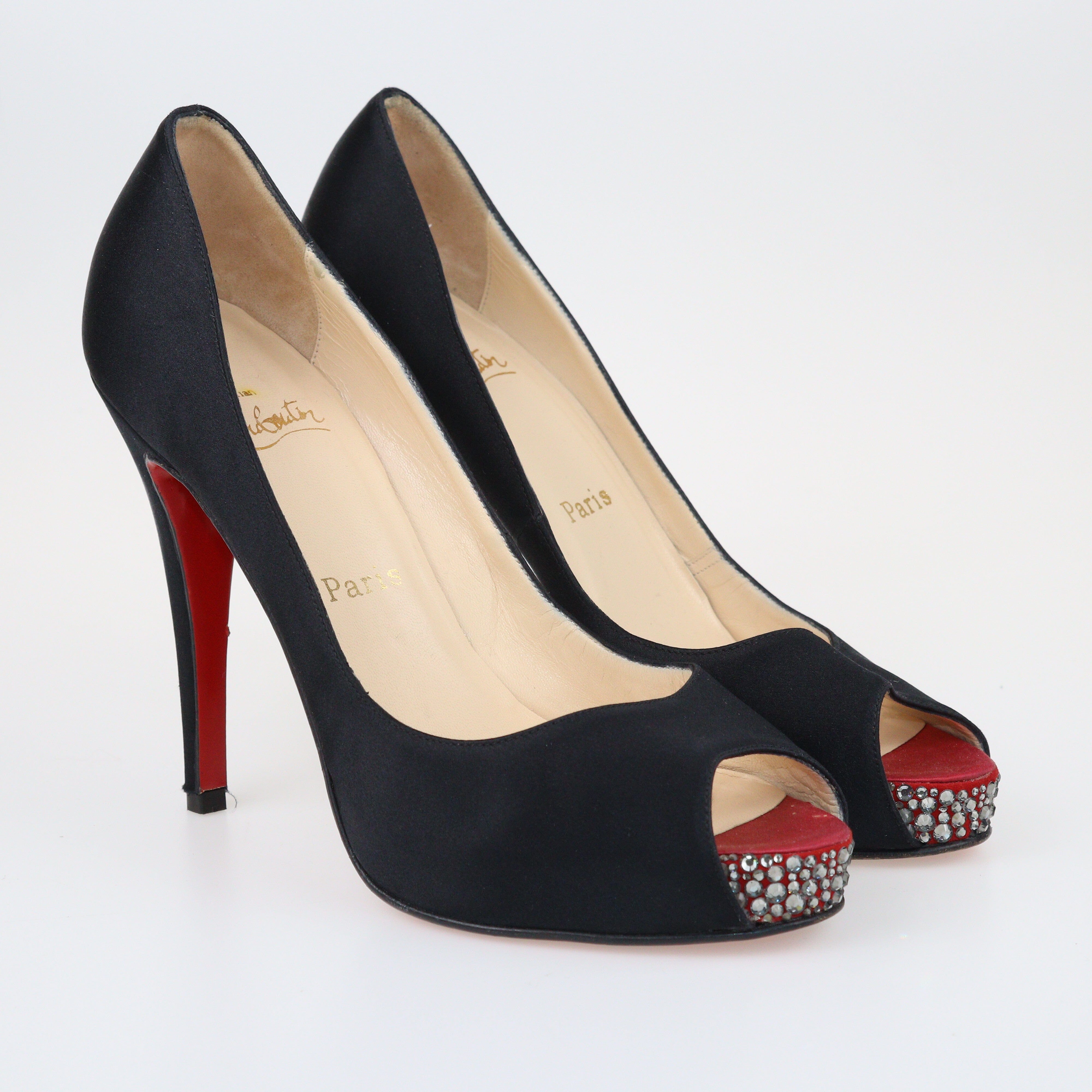 Black Crystal Embellished Peep Toe Platform Pumps Shoes Christian Louboutin