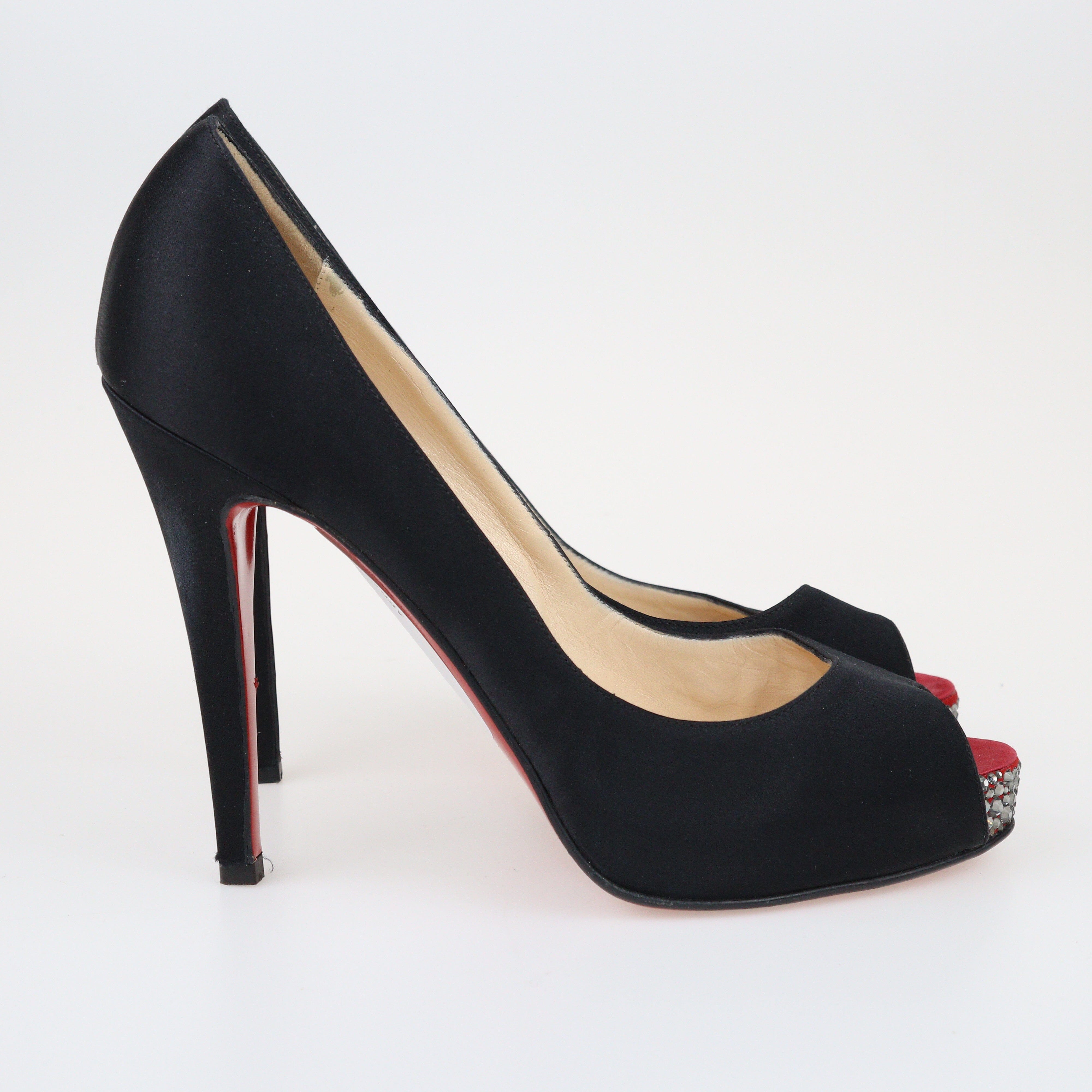 Black Crystal Embellished Peep Toe Platform Pumps Shoes Christian Louboutin