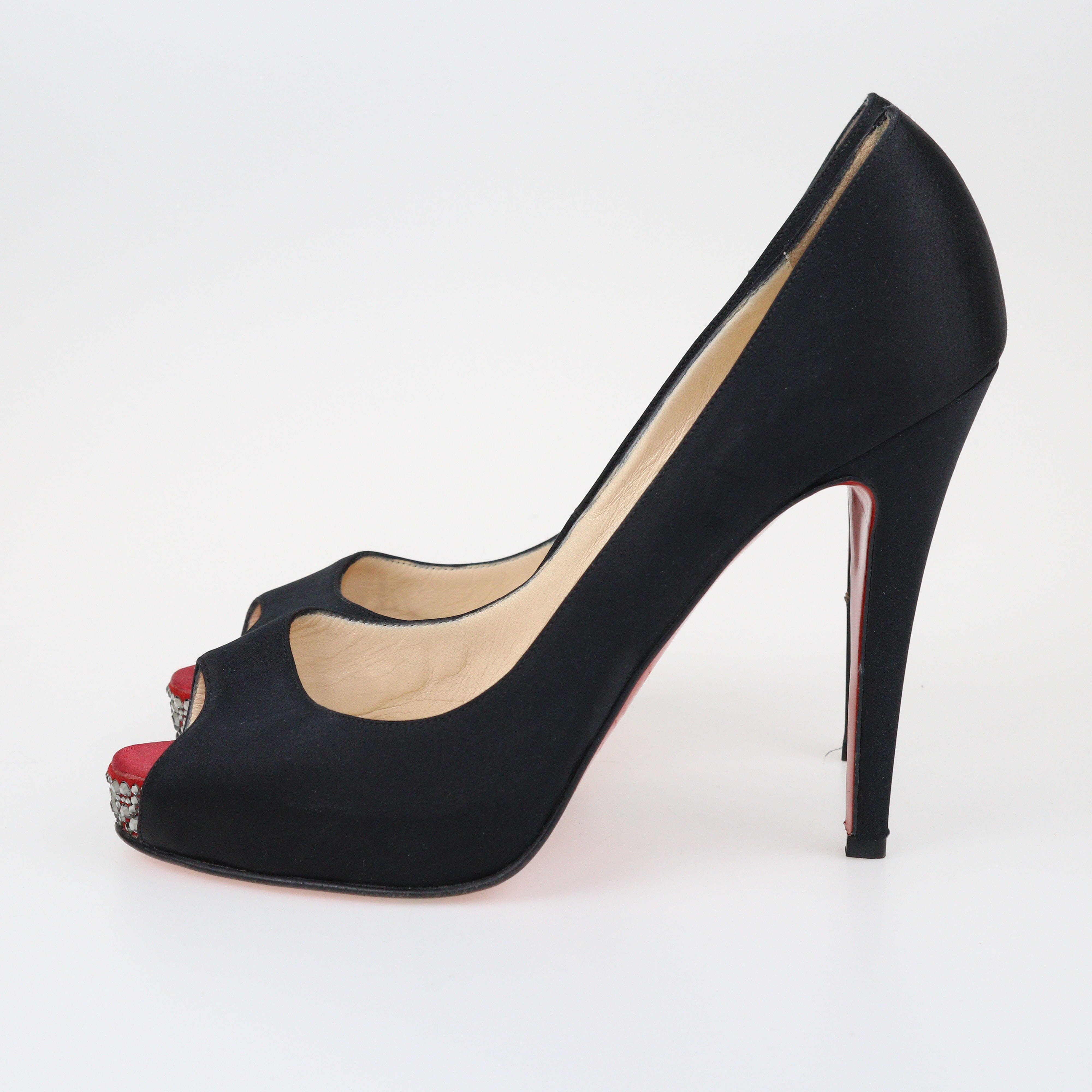 Black Crystal Embellished Peep Toe Platform Pumps Shoes Christian Louboutin