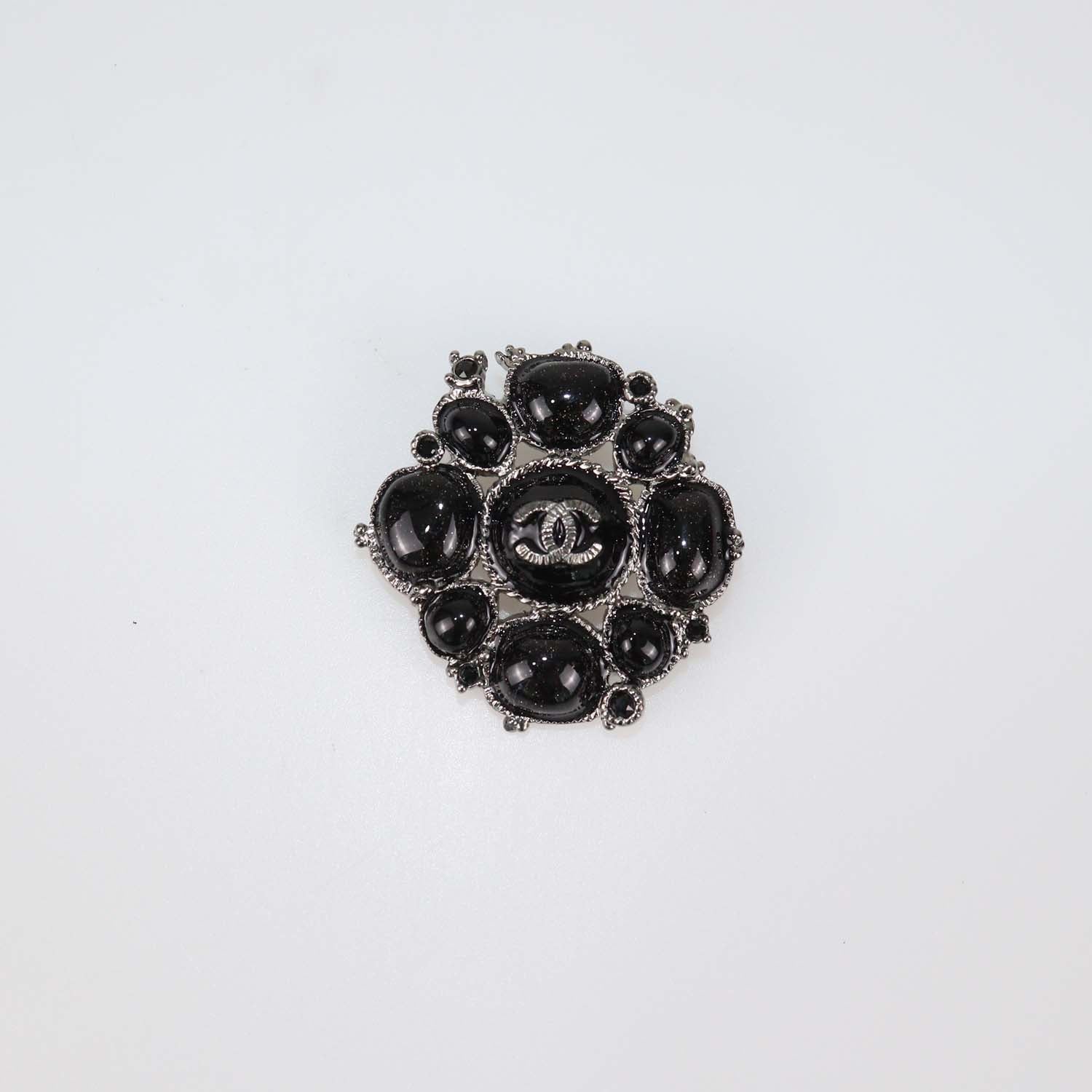 Chanel Black Metallic Gripoix And Crystal Pin Brooch