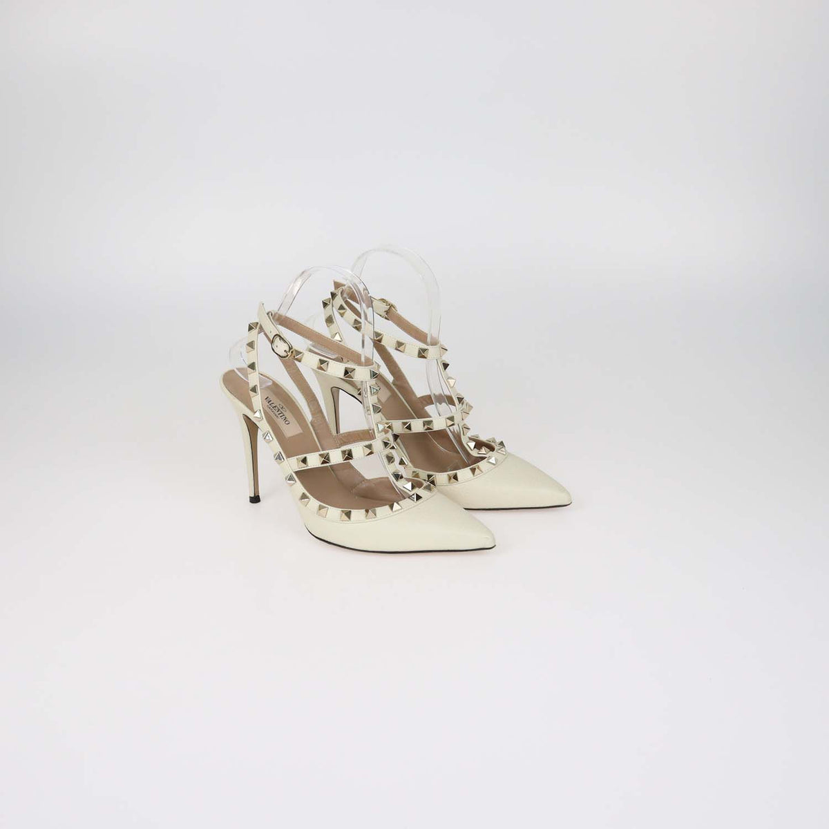 Valentino Cream Leather Rockstud Caged Ankle Strap Pumps