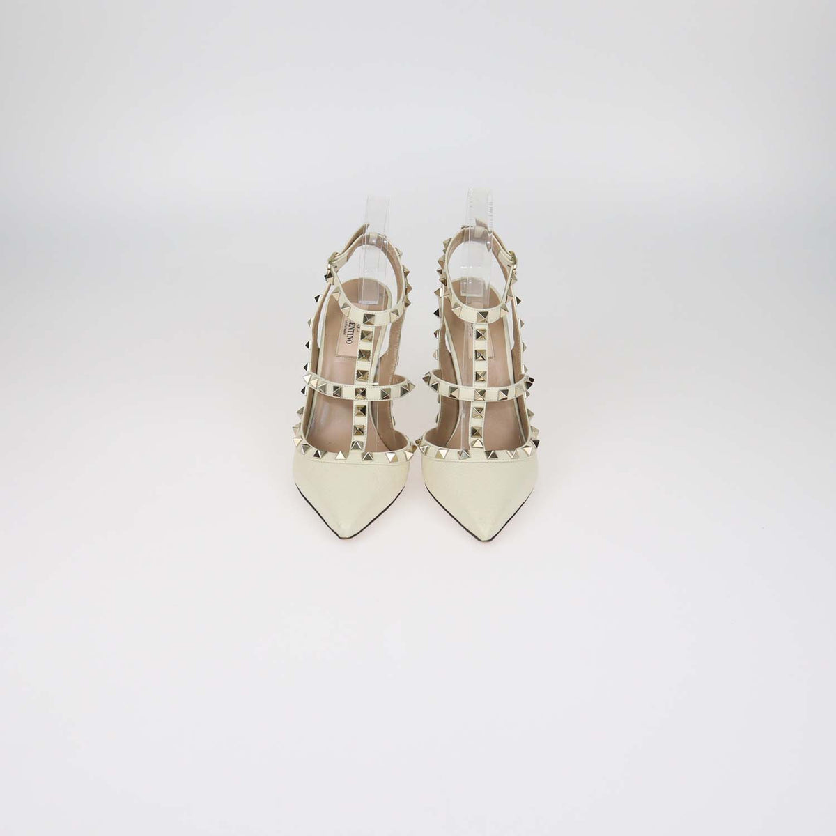 Valentino Cream Leather Rockstud Caged Ankle Strap Pumps