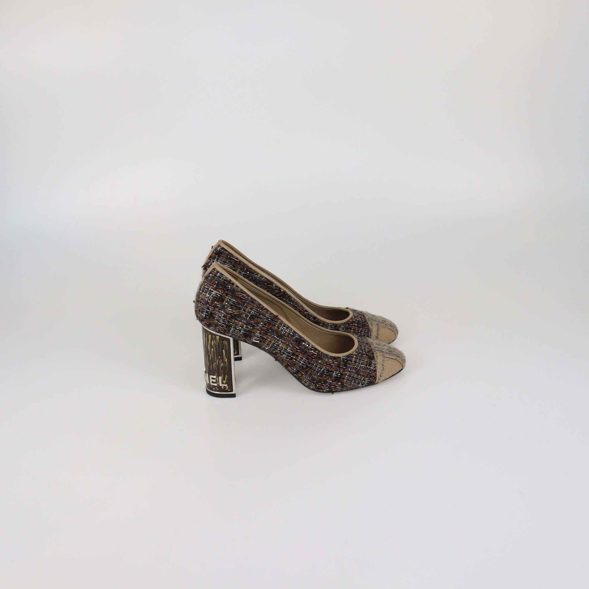 Chanel Black Leather Metal Quilted Heel Cap Toe Pumps