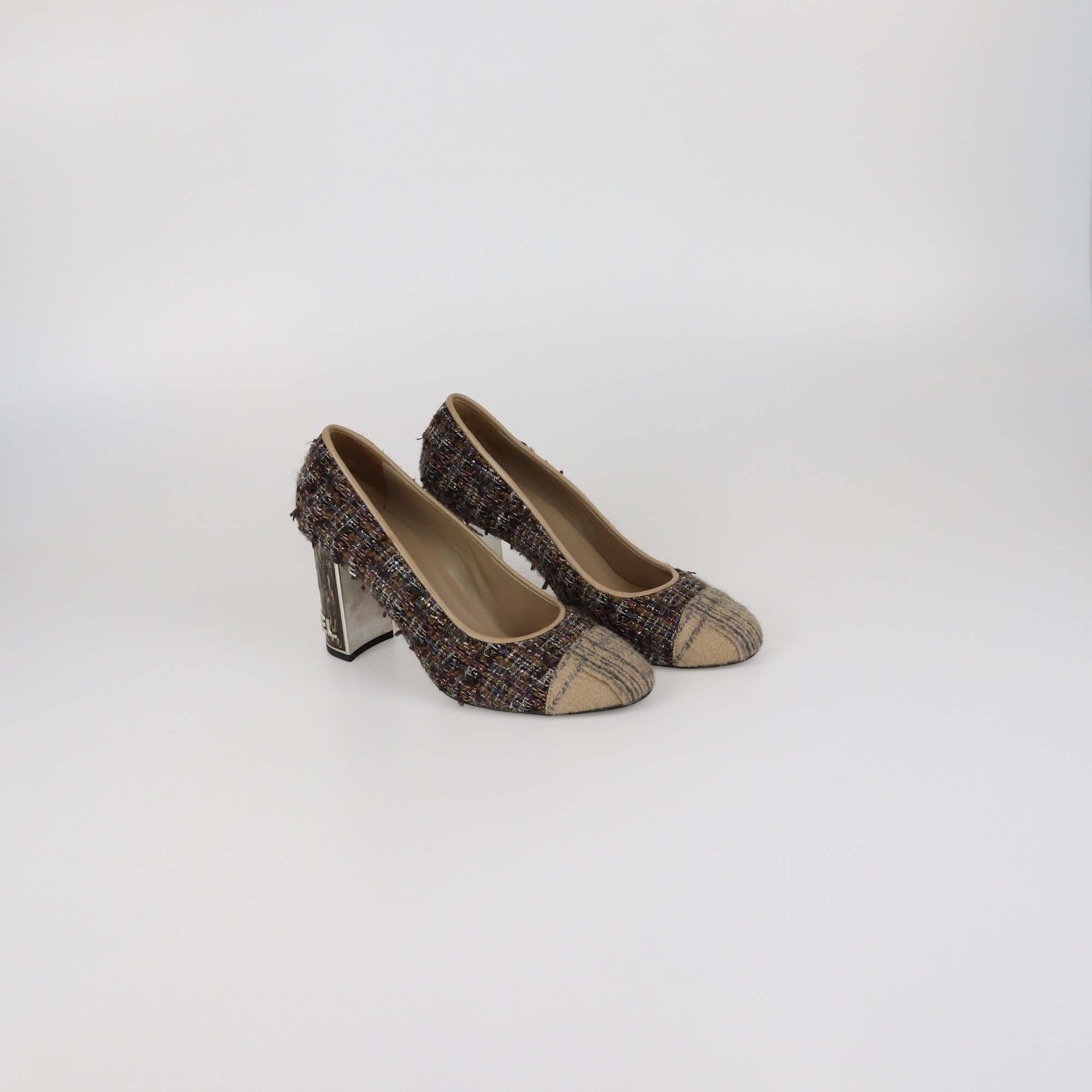 Chanel Black Leather Metal Quilted Heel Cap Toe Pumps