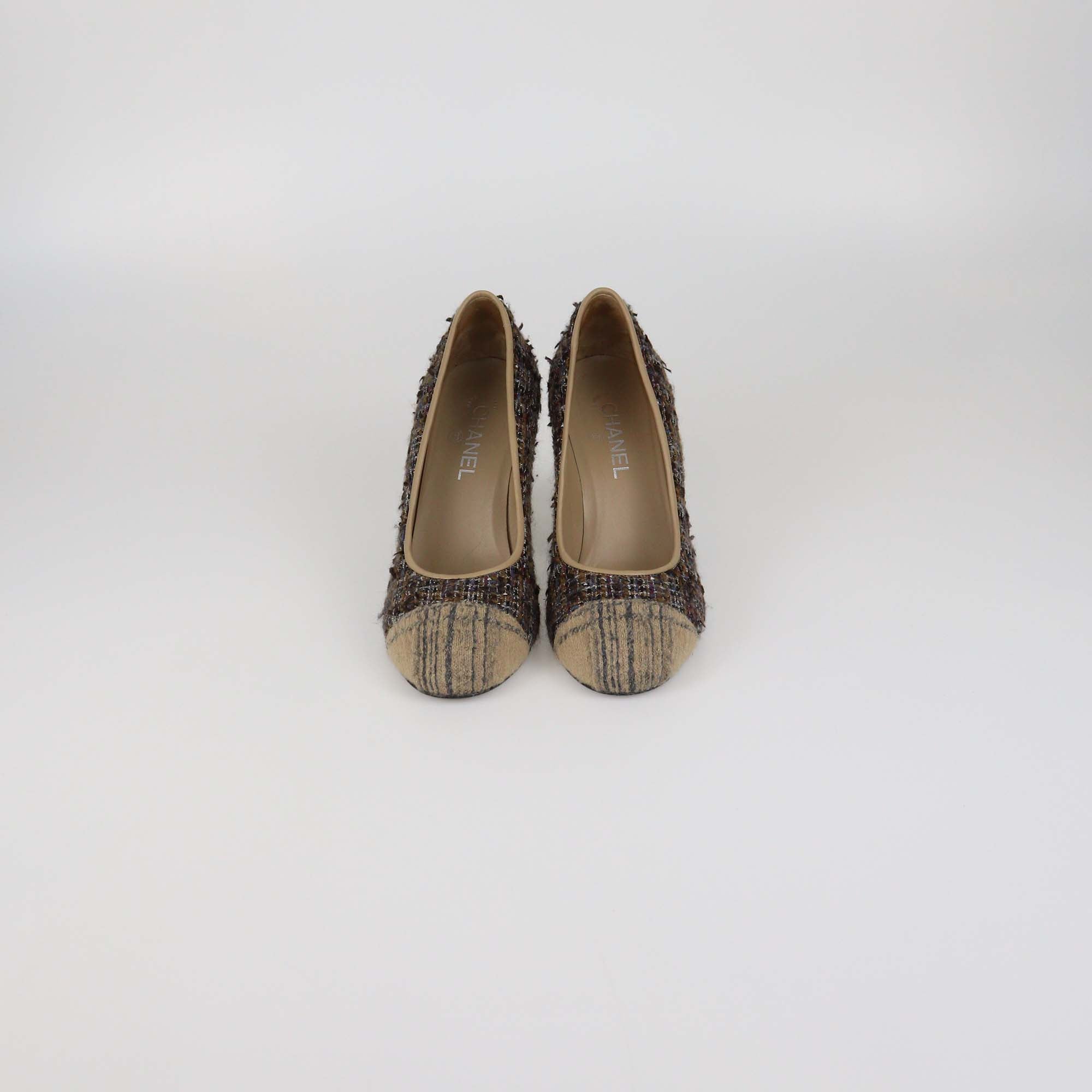 Chanel Black Leather Metal Quilted Heel Cap Toe Pumps