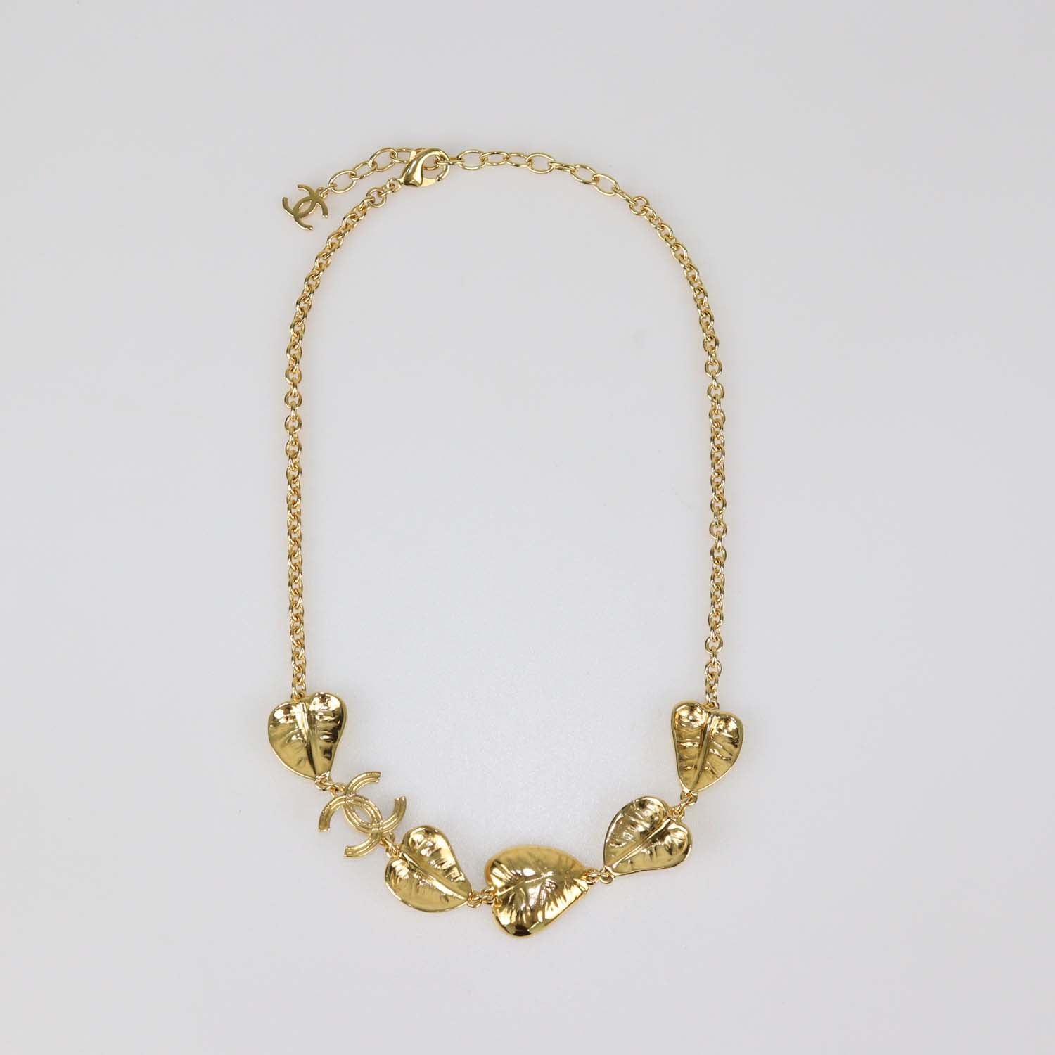 Chanel Gold Tone Metal Black Resin Hearts CC Logo Necklace