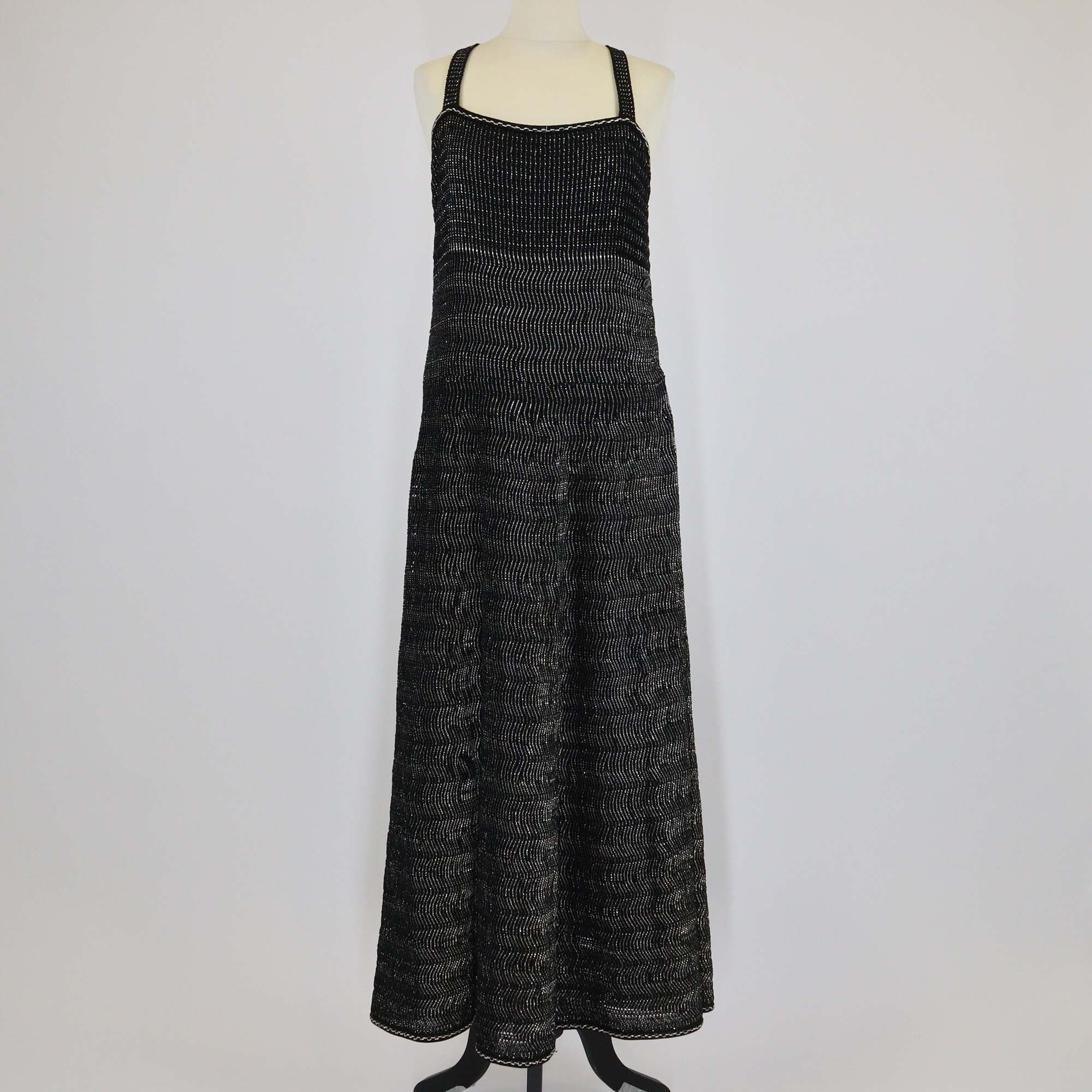 Chanel Black Crochet Knit Strappy Midi Dress & Short Sleeve Cardigan Set