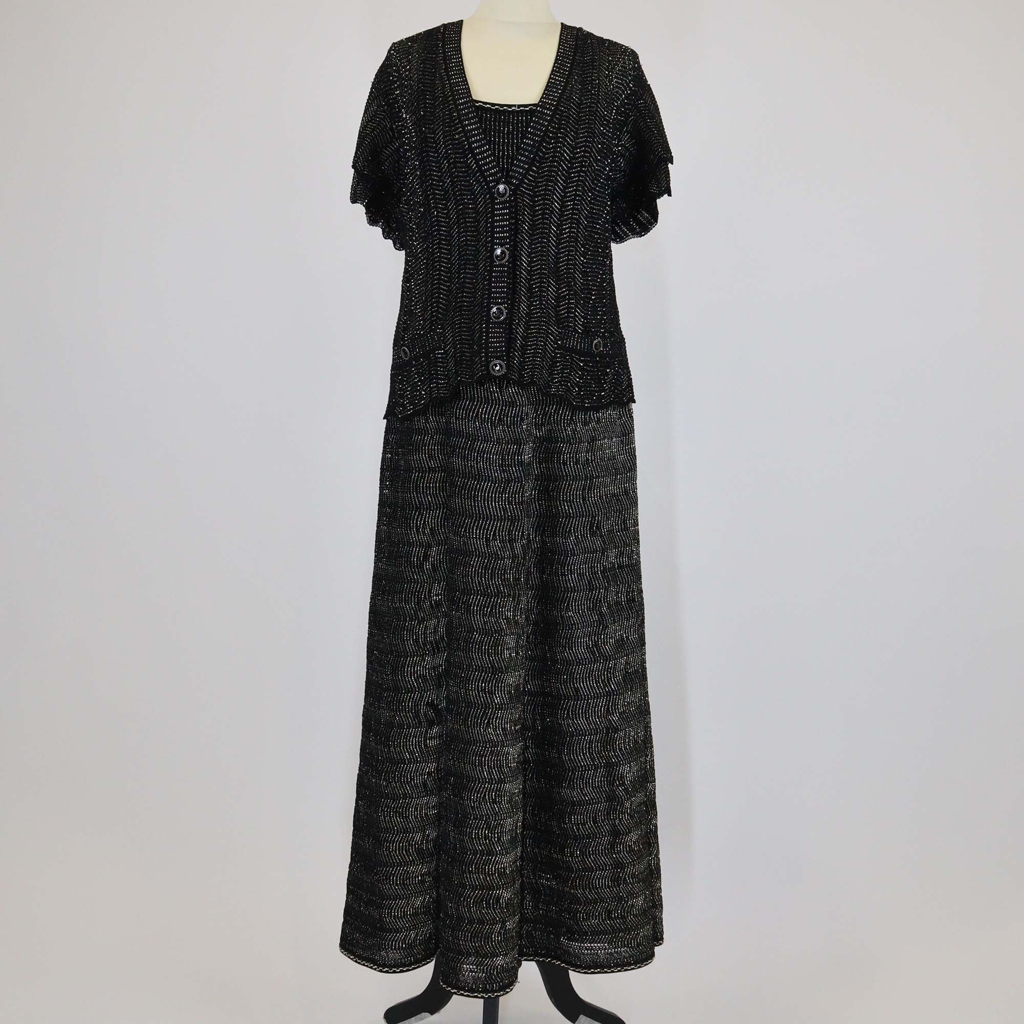 Chanel Black Crochet Knit Strappy Midi Dress & Short Sleeve Cardigan Set
