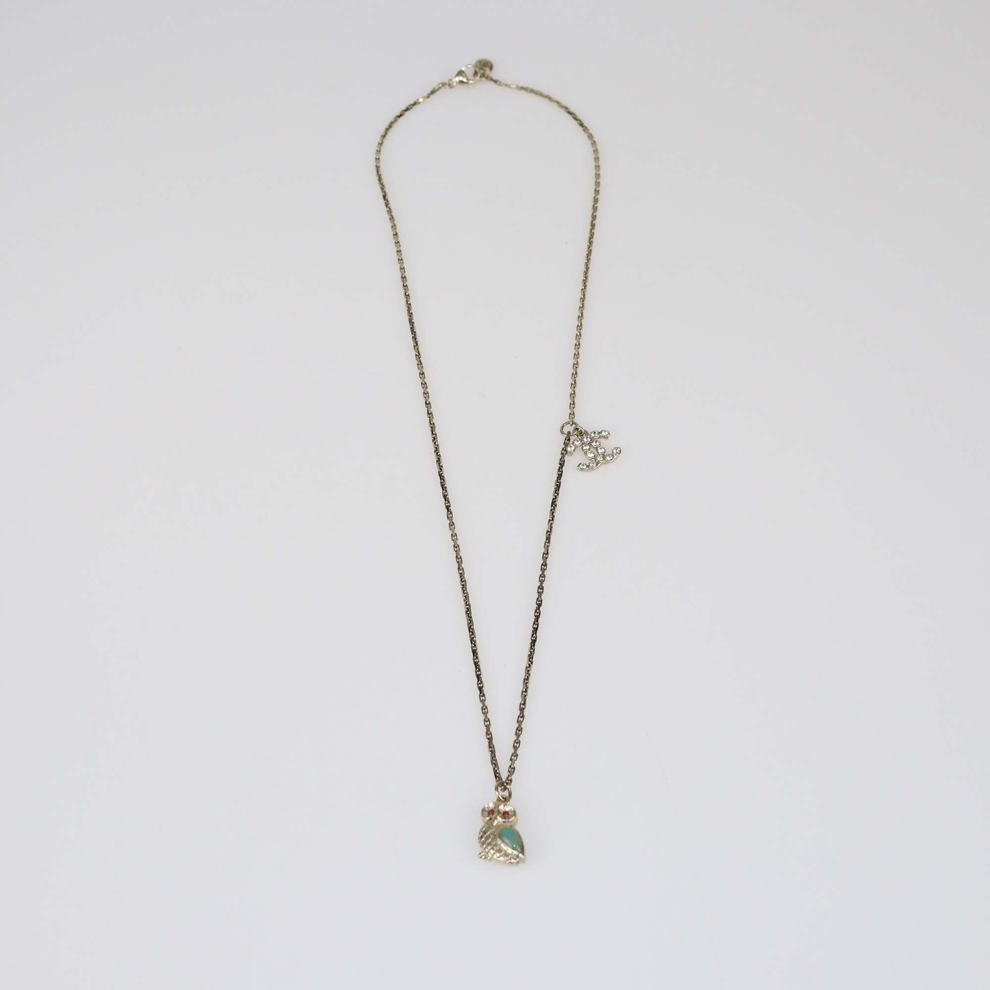Chanel Gold Tone Owl CC Rhinestone Necklace Womens Chanel