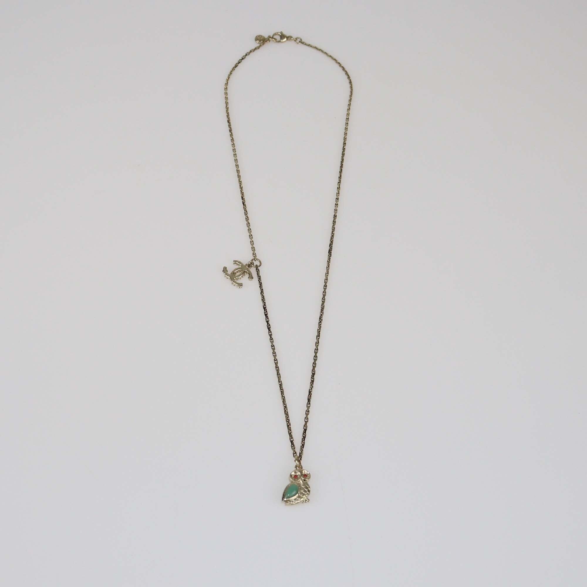 Chanel Gold Tone Owl CC Rhinestone Necklace Womens Chanel