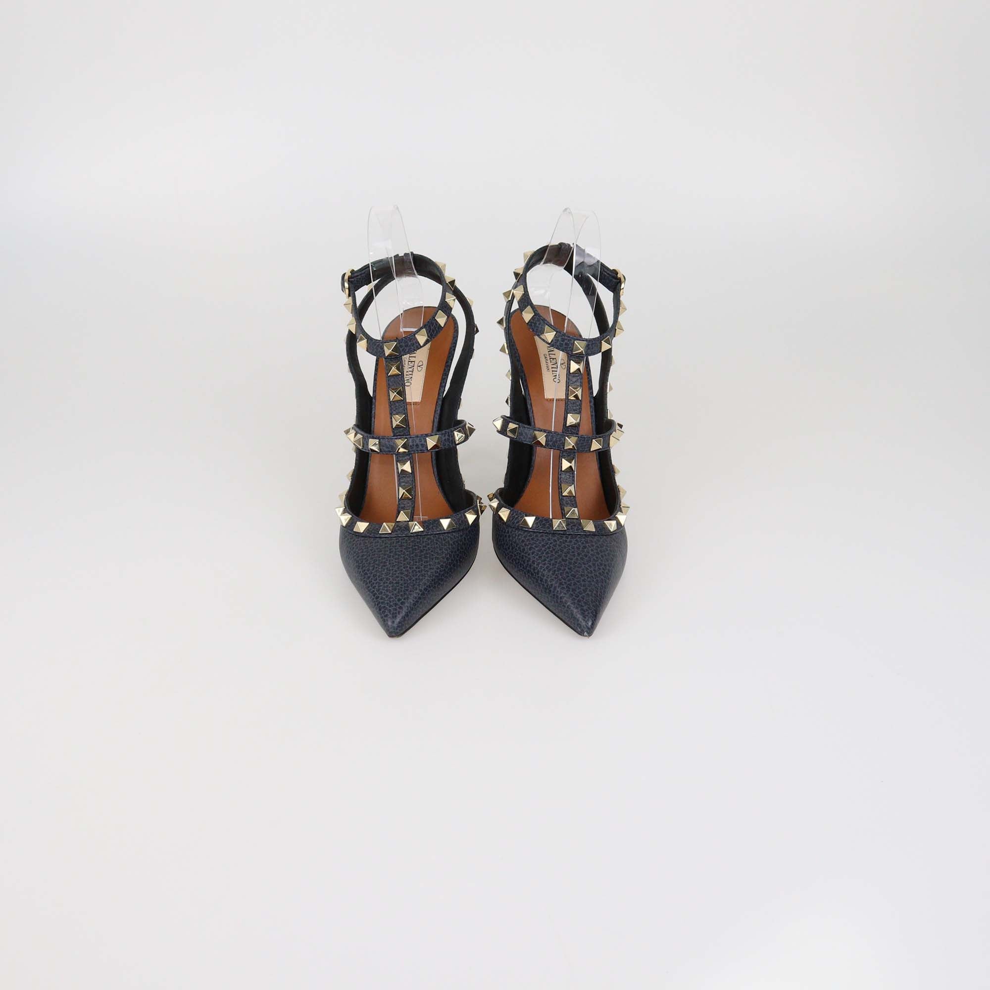 Valentino Navy Blue Grained Leather Rockstud Ankle Strap Pumps
