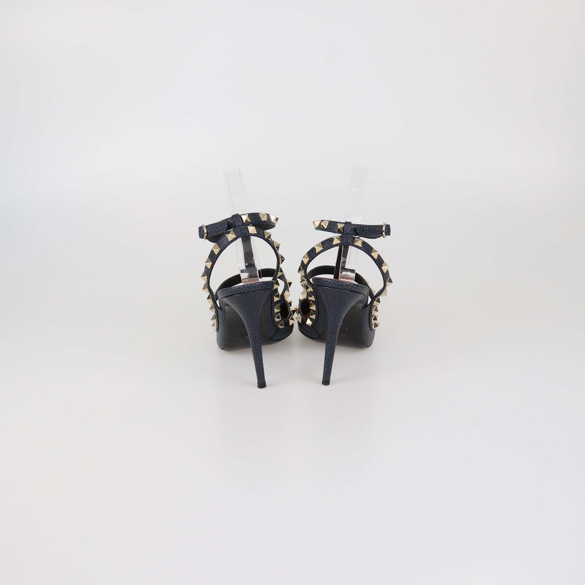 Valentino Navy Blue Grained Leather Rockstud Ankle Strap Pumps