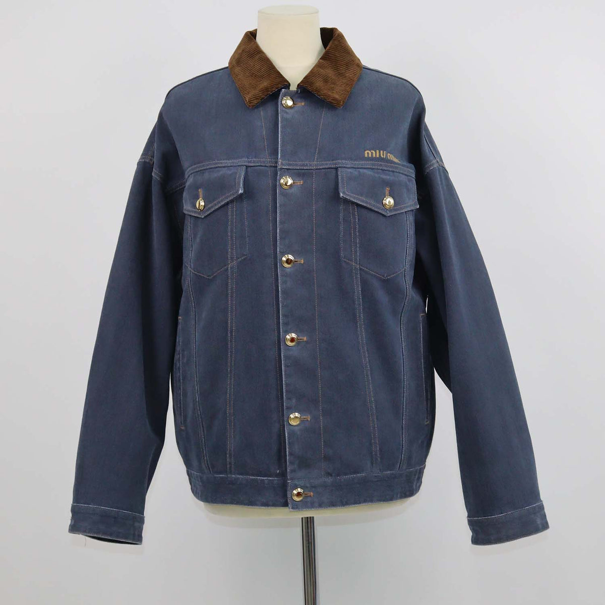 Miu Miu Navy Blue Denim Curduroy Collar Padded Jacket