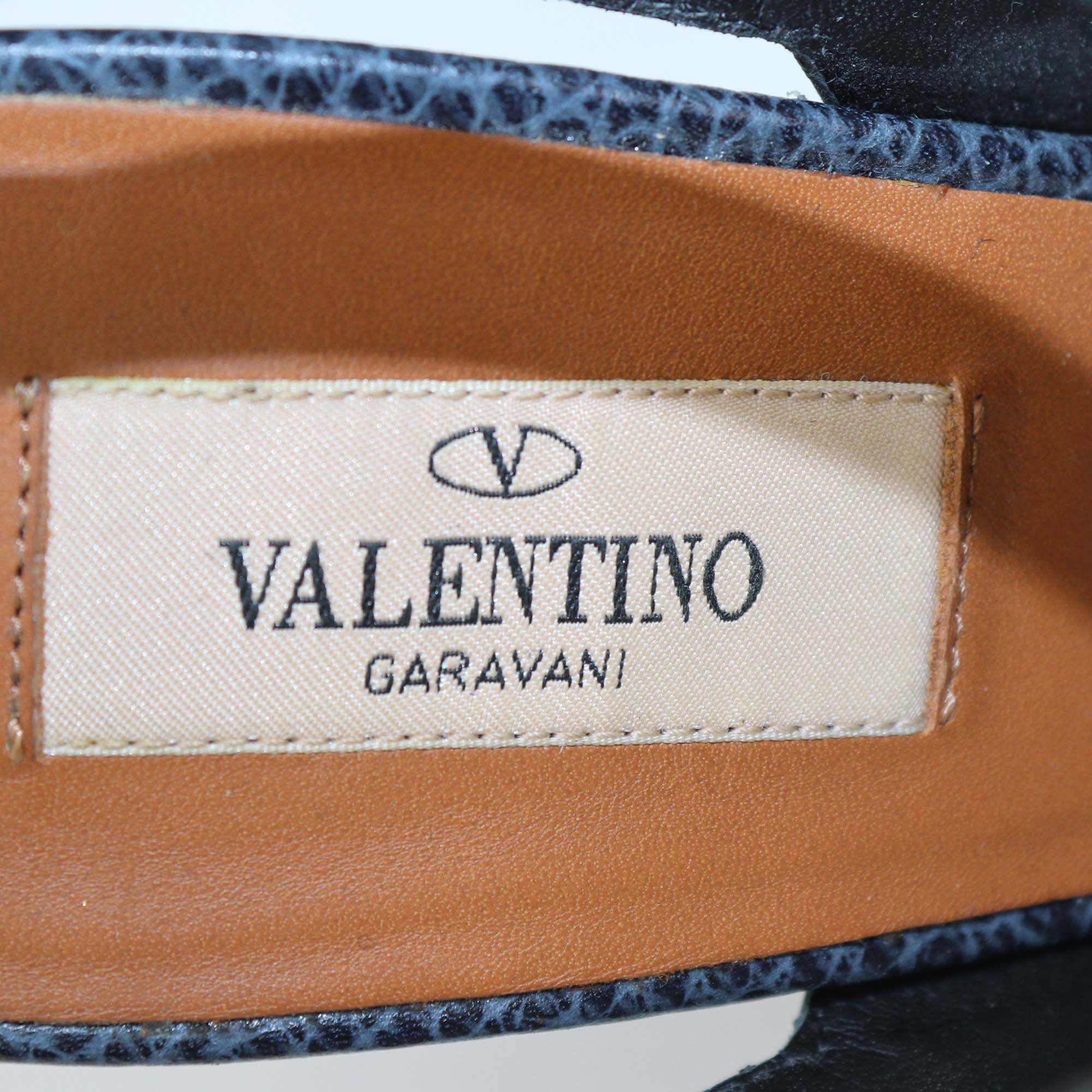 Valentino Navy Blue Grained Leather Rockstud Ankle Strap Pumps