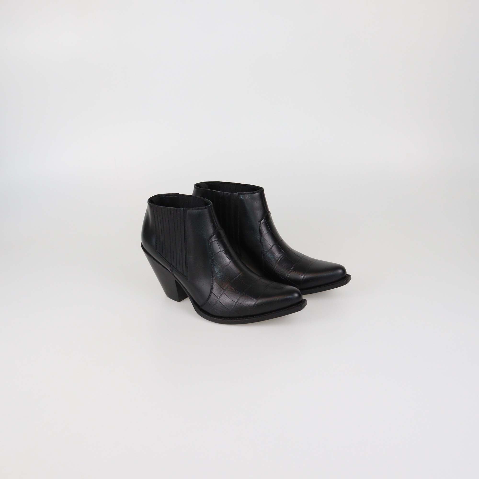 Celine Black Croc Embossed Leather Western Boots