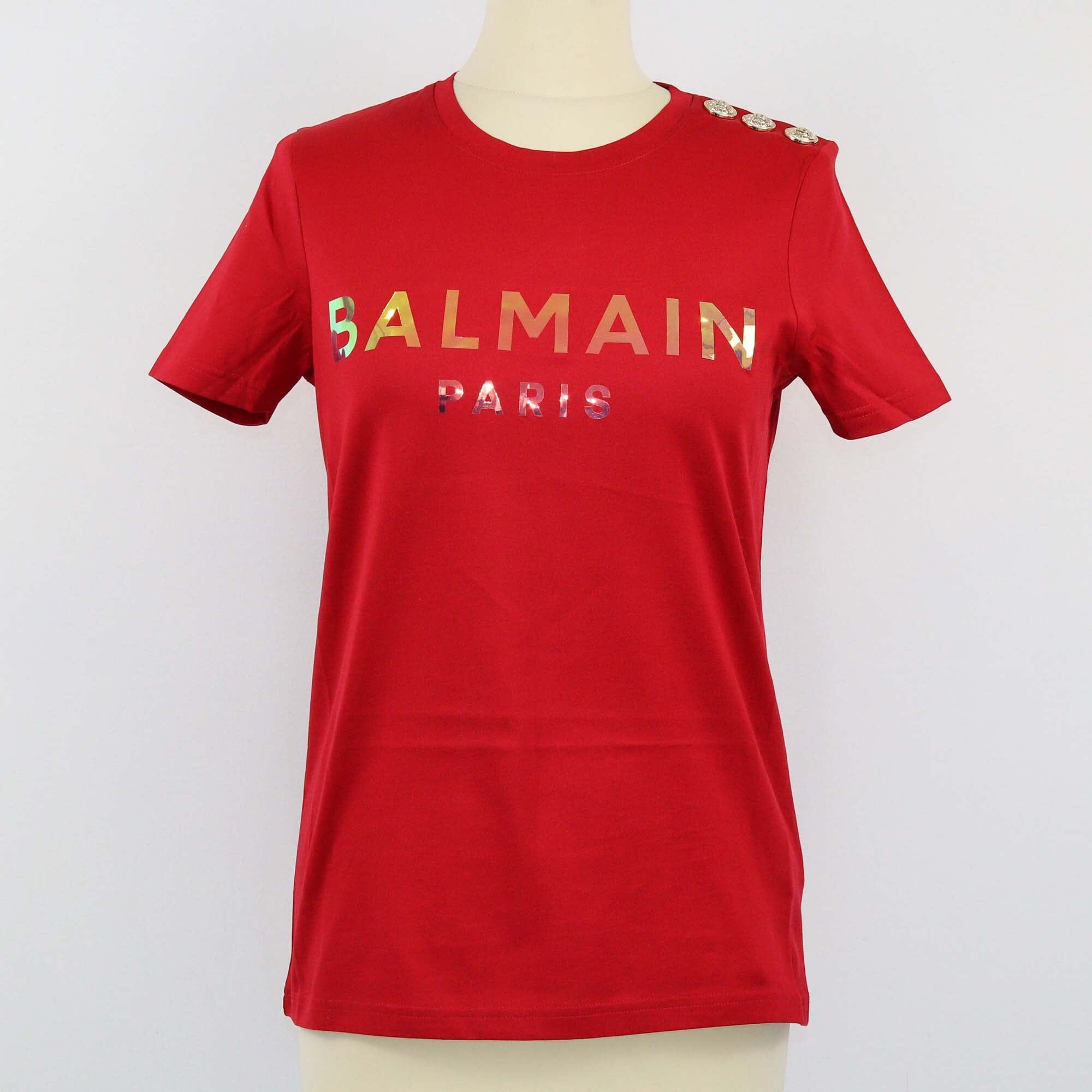Balmain Red Logo Print Button Detail T Shirt Mens Balmain