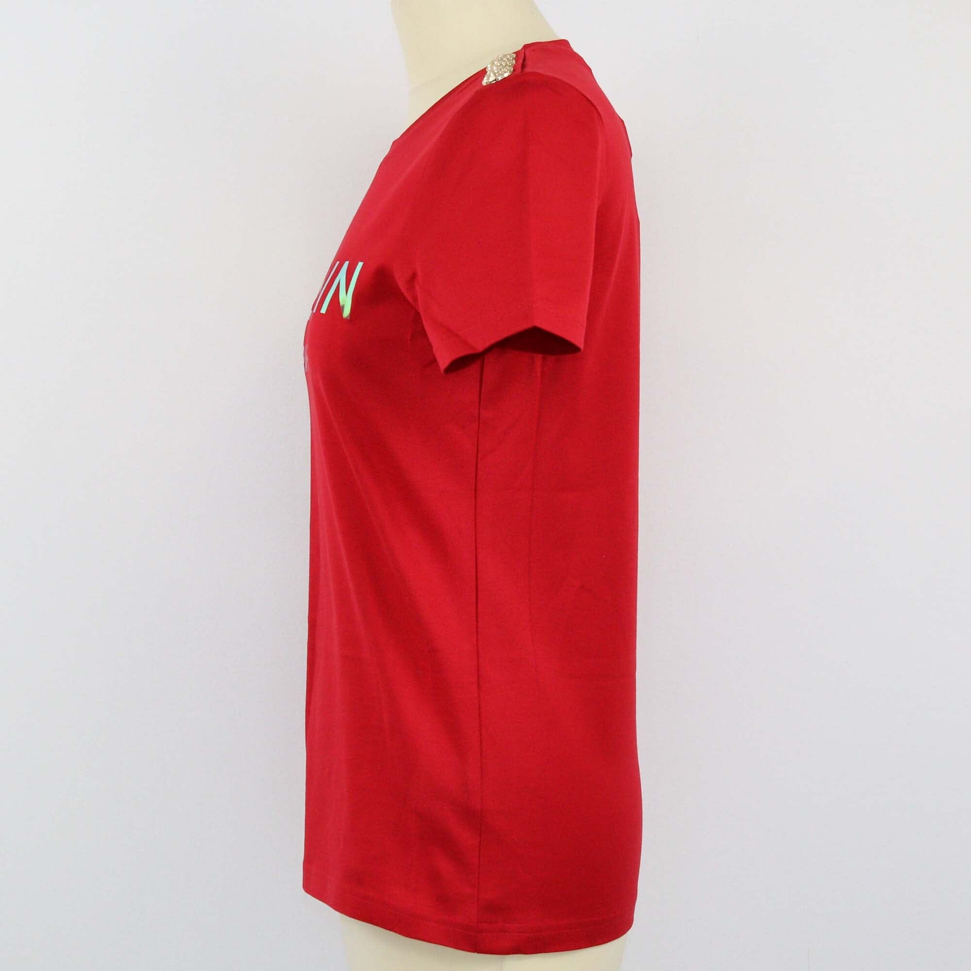 Balmain Red Logo Print Button Detail T Shirt Mens Balmain