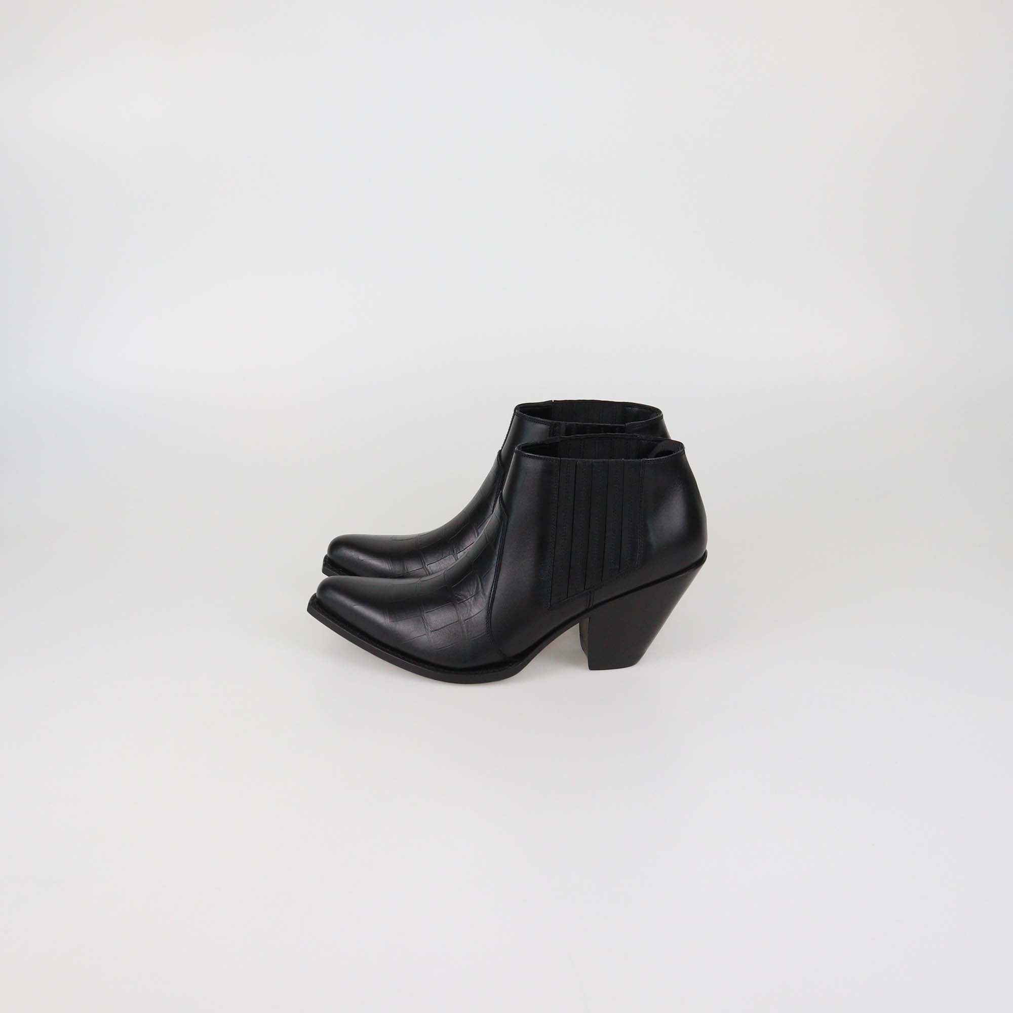 Celine Black Croc Embossed Leather Western Boots