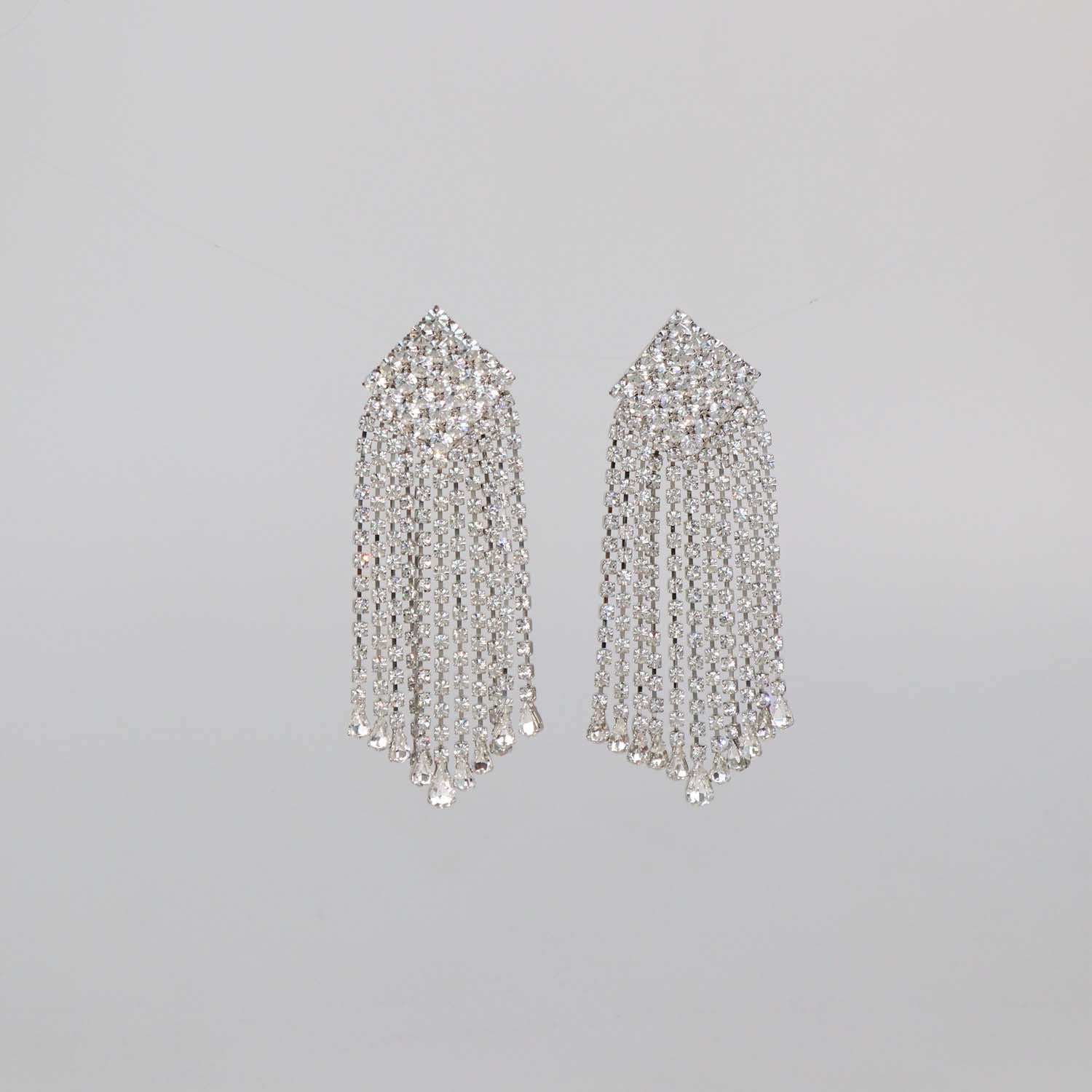 Alessandra Rich Silver Tone Square Crystal Cascade Drop Clip Earrings