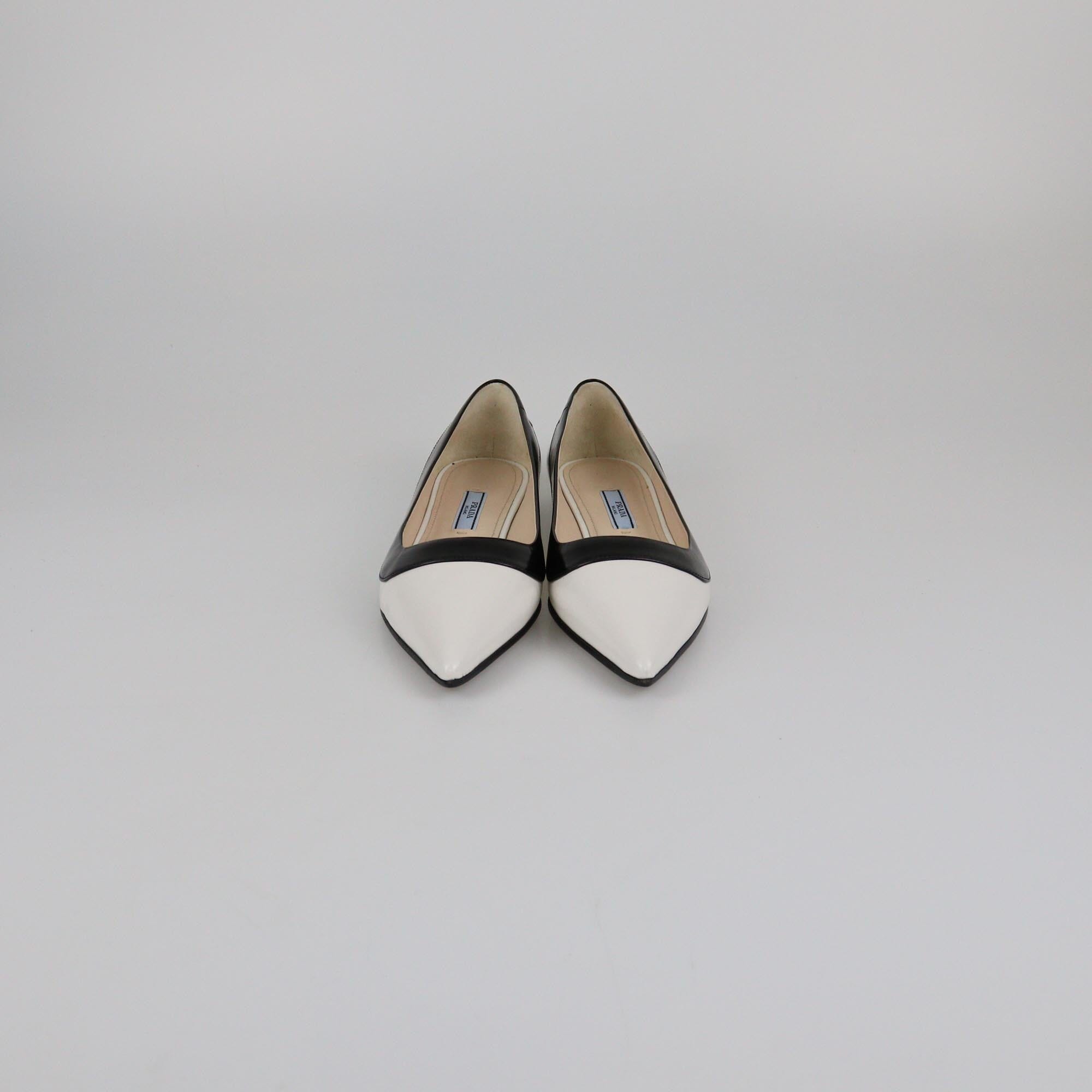 Prada White/Black Brushed Pointed Toe Flat Pumps Womens Prada