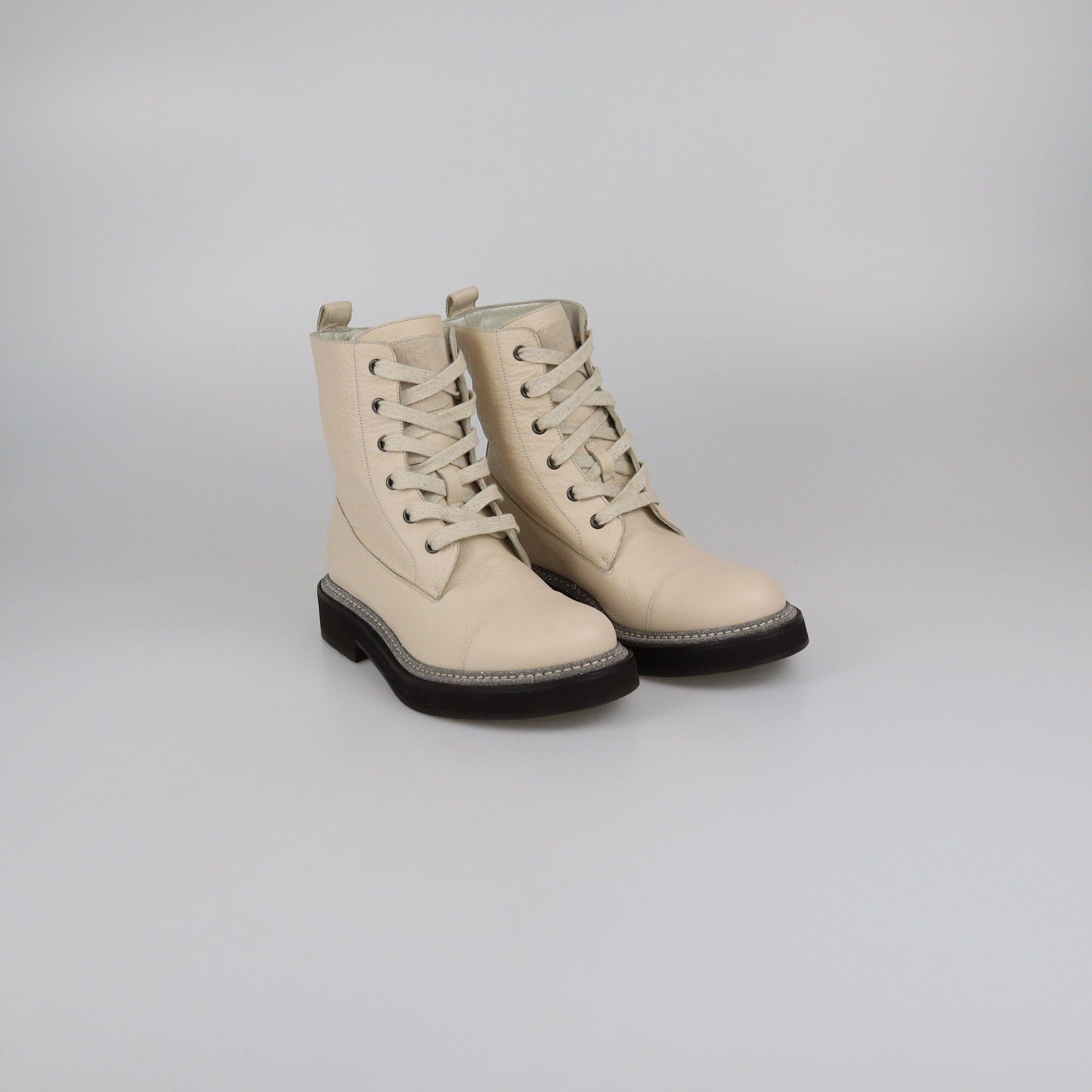 Brunello Cucinelli Light Beige Lace Up Monili Ankle Boots Womens Brunello Cucinelli