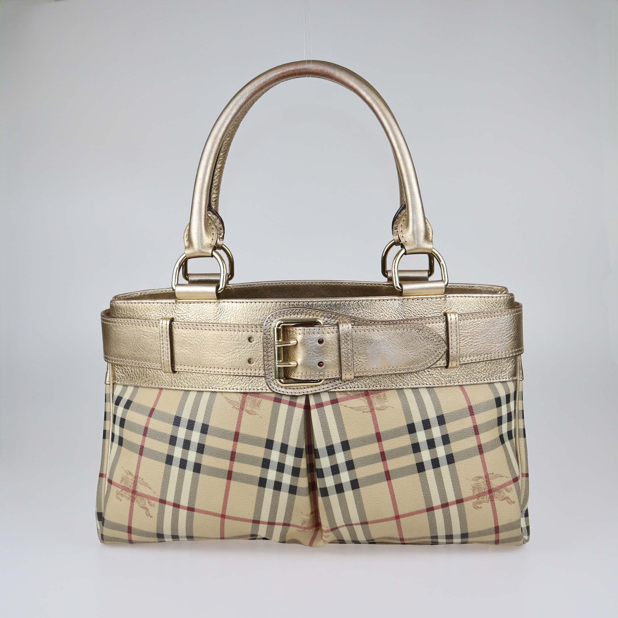 Burberry Beige/Gold Haymarket PVC and Leather Bridle Tote