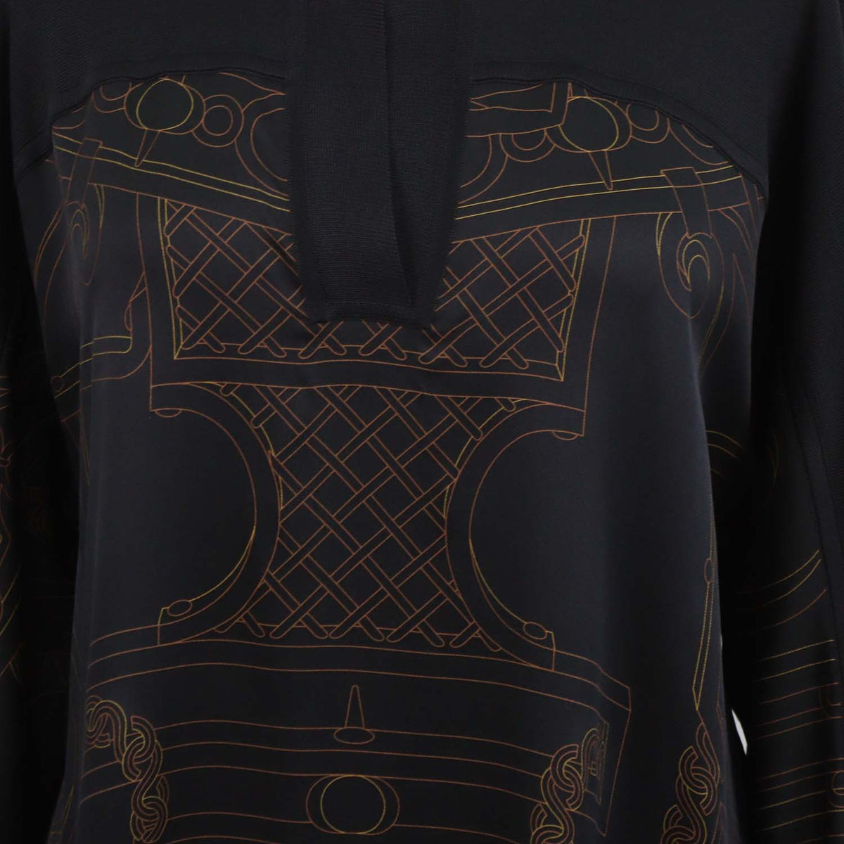 Hermes Black Silk "L'Enseigne du Sellier" Print Tunic Caftan