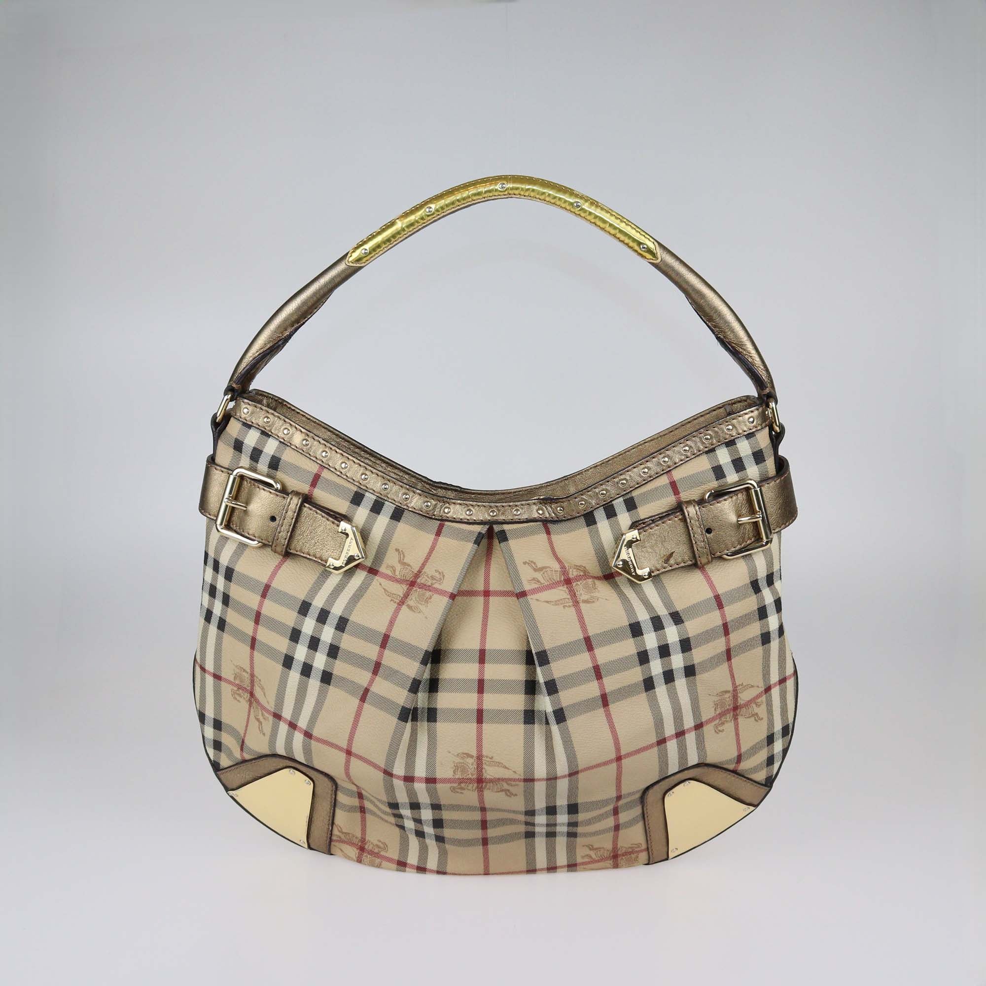 Burberry Beige/Metallic Haymarket Check PVC and Leather Studded Hartley Hobo