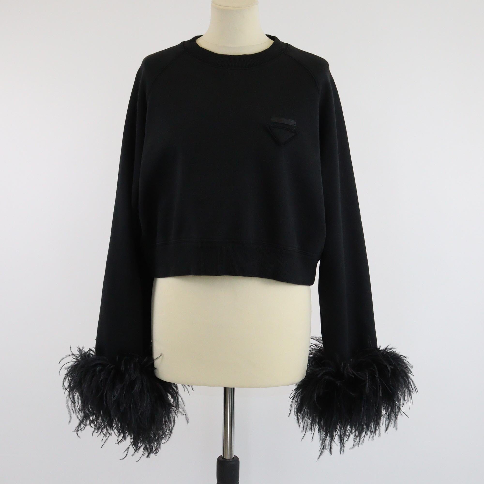 Prada Black Feather Trimmed Long Sleeve Sweat Shirt Womens Prada