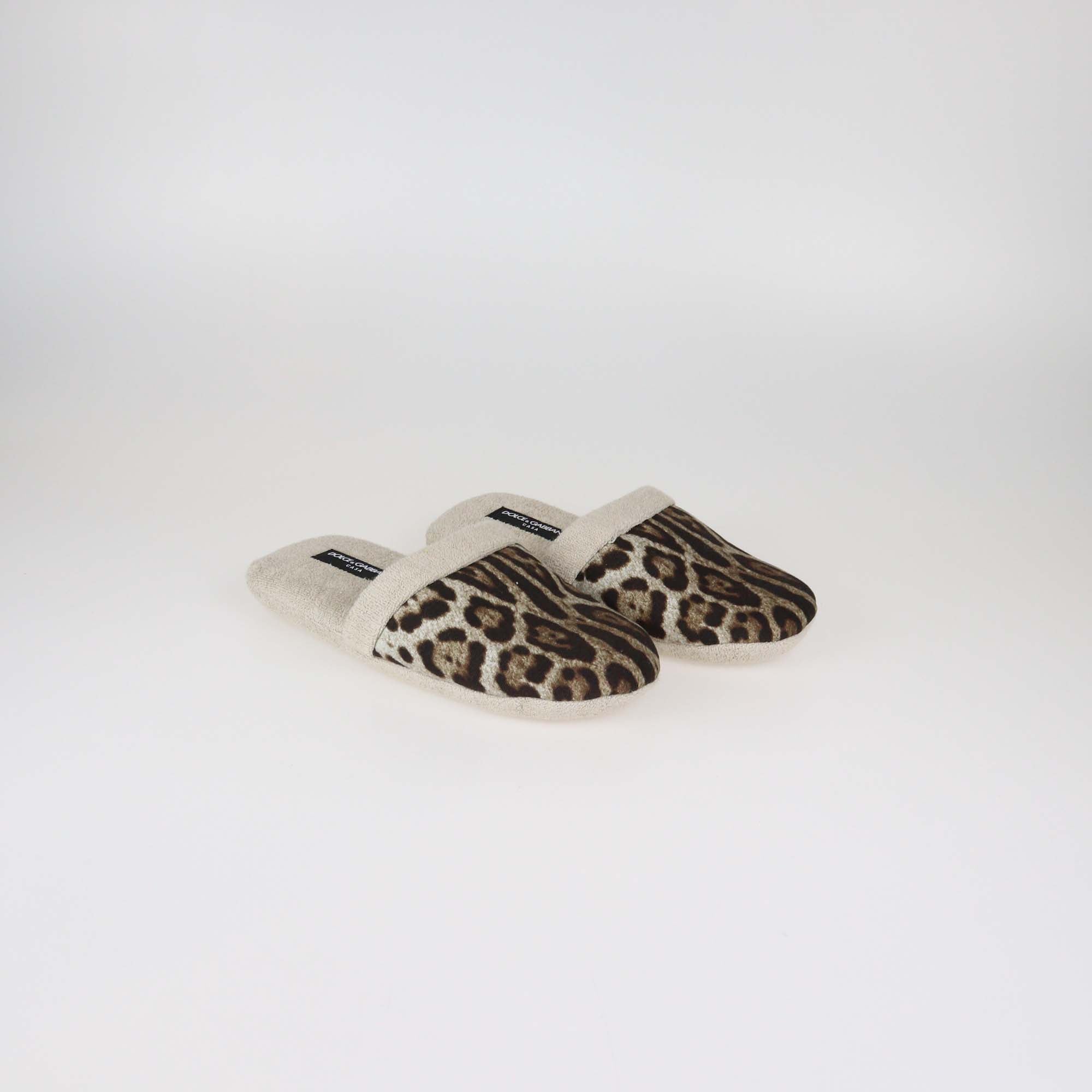 Dolce & Gabbana Beige/Brown Leopard Print Cotton and Linen Terry Slippers