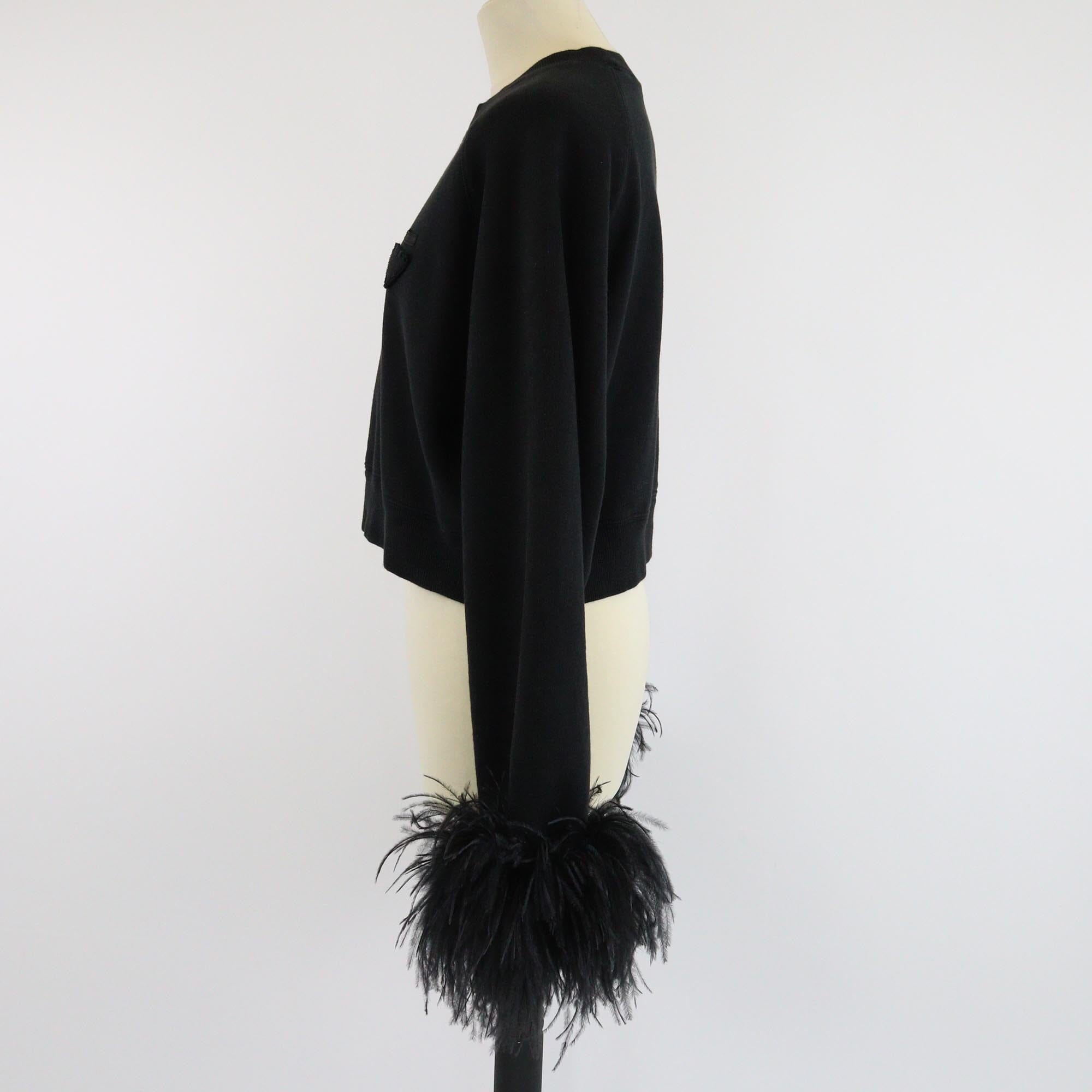 Prada Black Feather Trimmed Long Sleeve Sweat Shirt Womens Prada