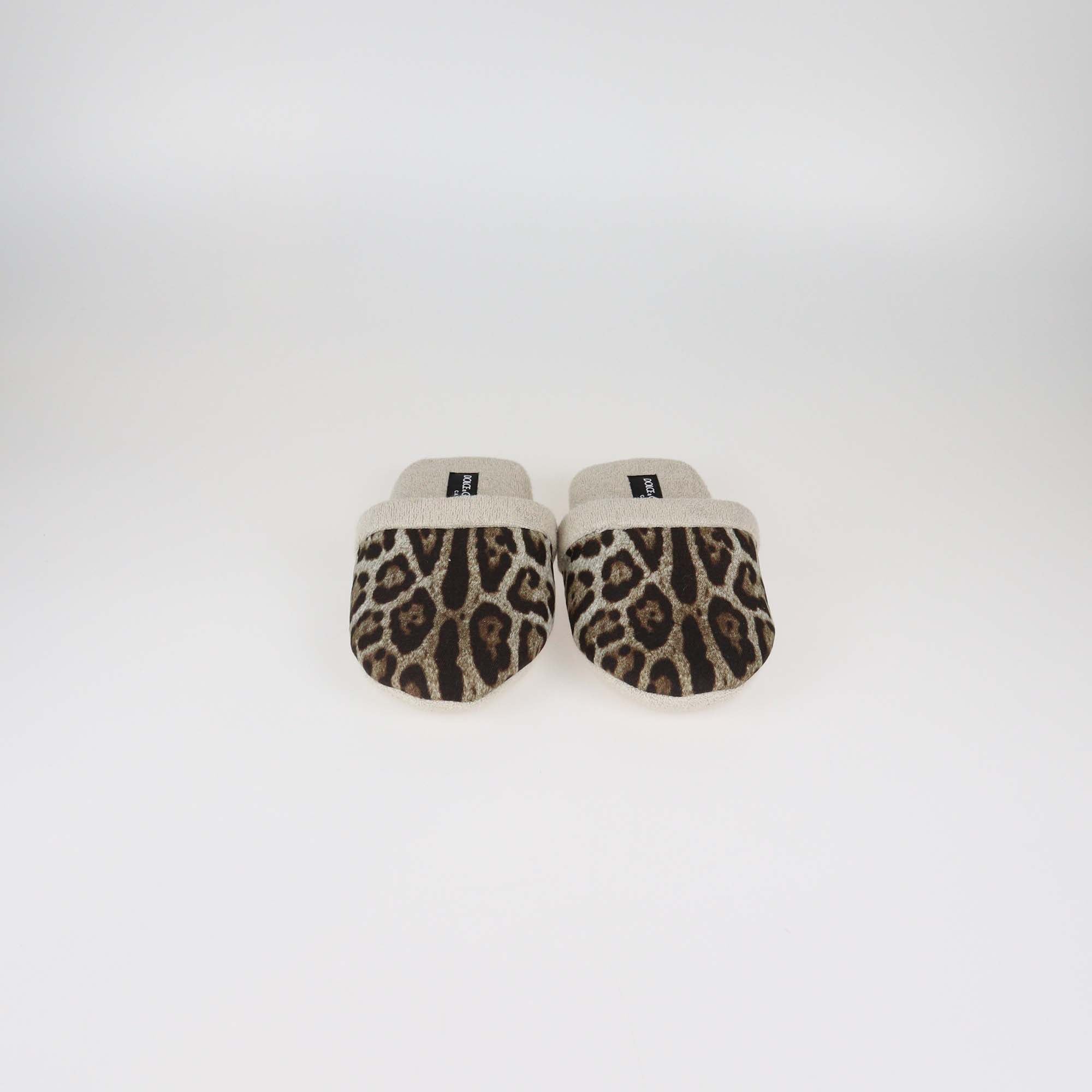 Dolce & Gabbana Beige/Brown Leopard Print Cotton and Linen Terry Slippers
