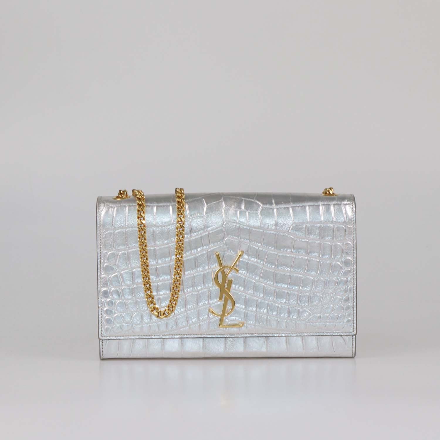 Saint Laurent Silver Croc Embossed Leather Medium Kate Shoulder Bag