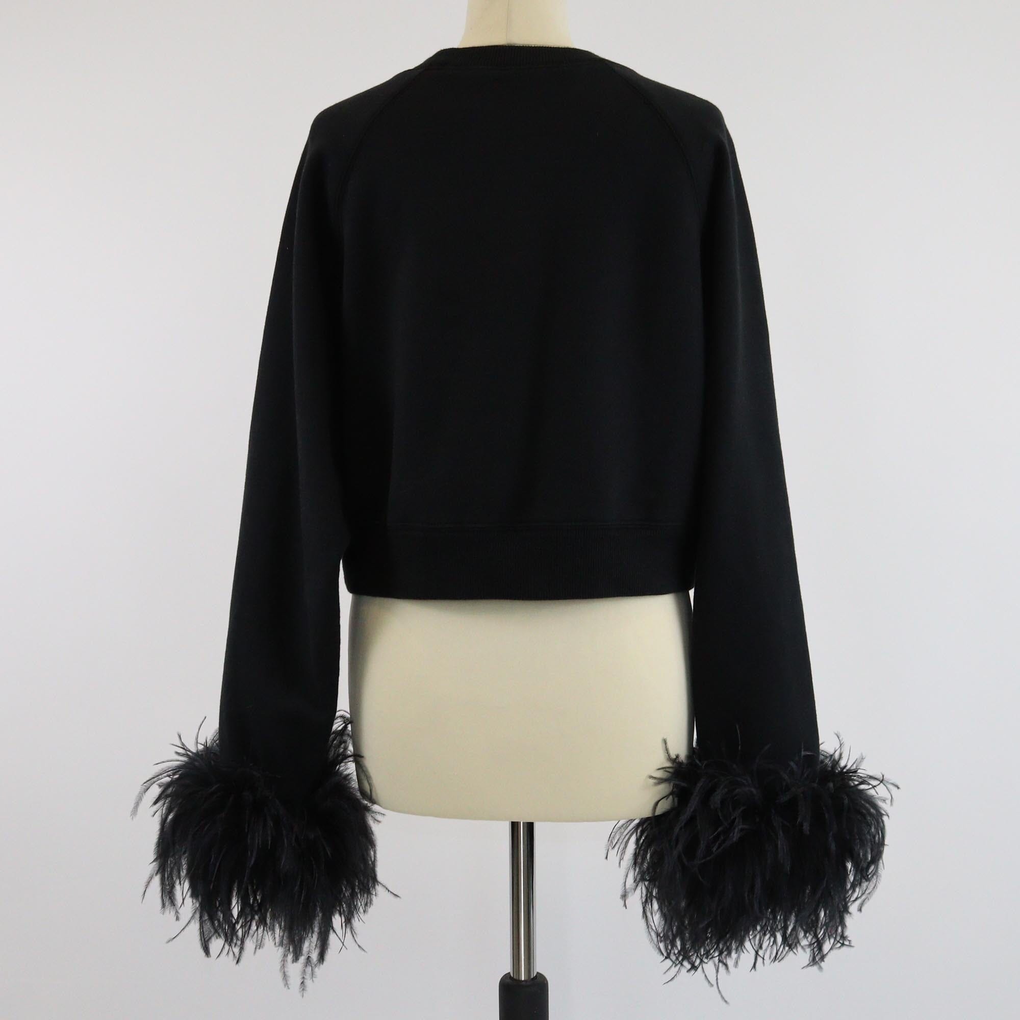 Prada Black Feather Trimmed Long Sleeve Sweat Shirt Womens Prada