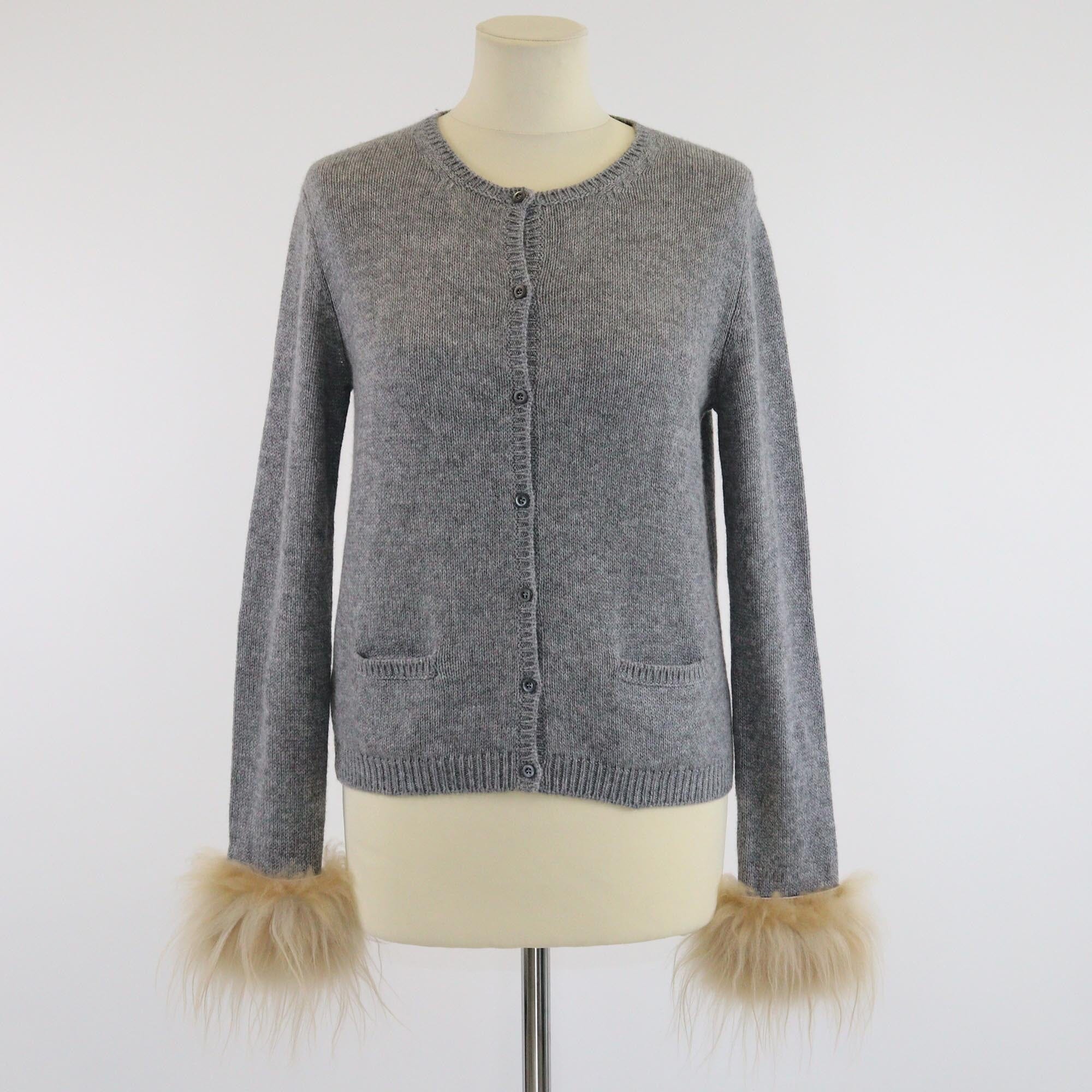 Prada Grey Shearling Trimmed Knit Long Sleeve Cardigan Womens Prada