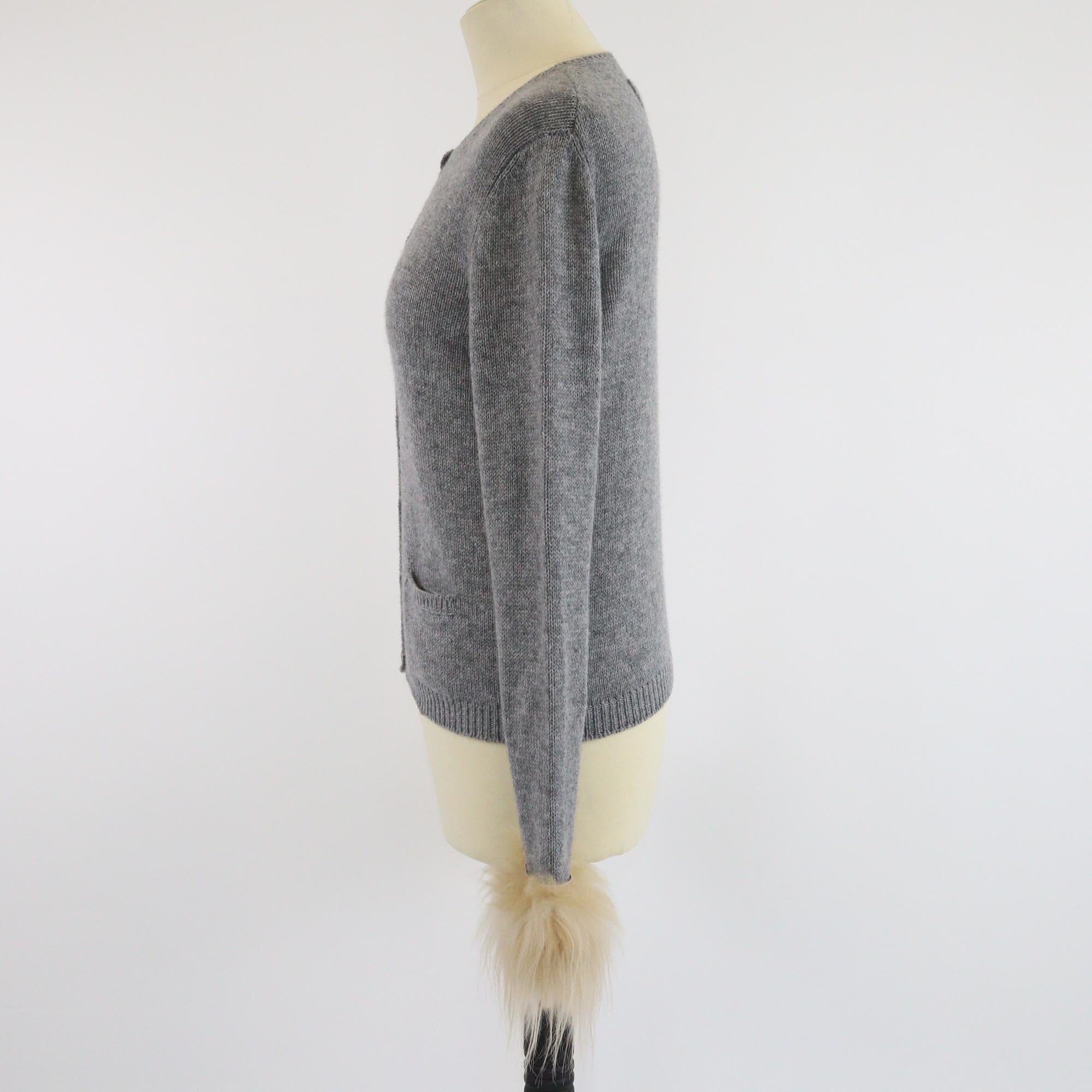 Prada Grey Shearling Trimmed Knit Long Sleeve Cardigan Womens Prada