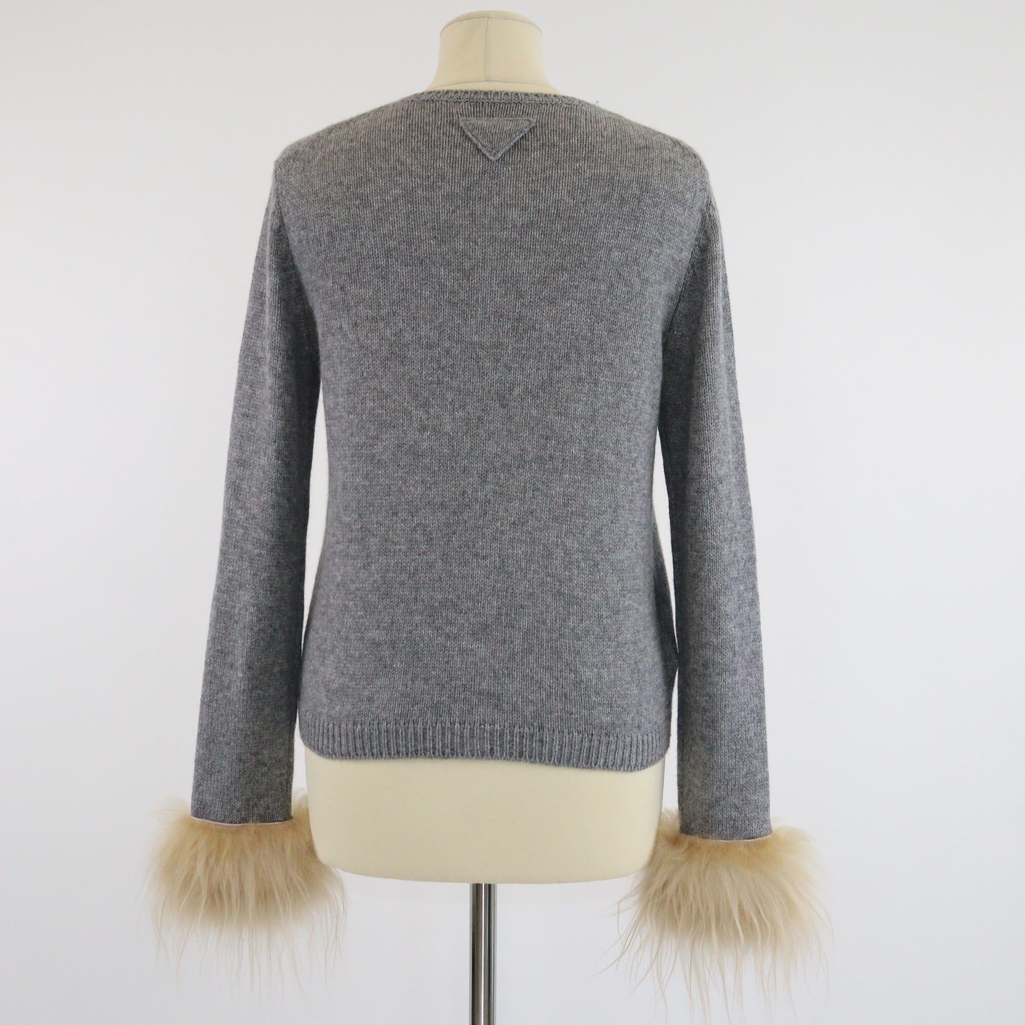Prada Grey Shearling Trimmed Knit Long Sleeve Cardigan Womens Prada