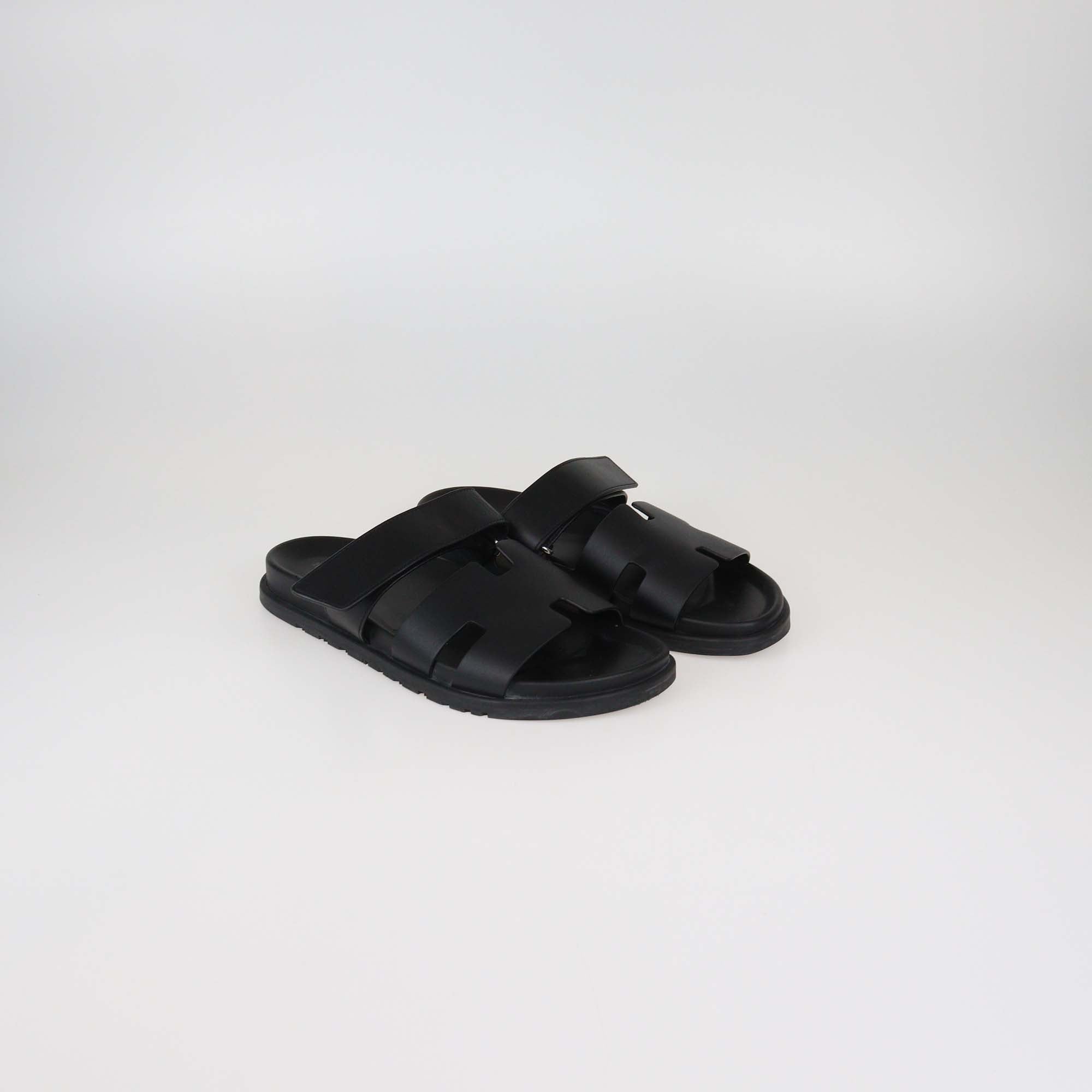 Hermes Black Leather Chypre Slide Sandals