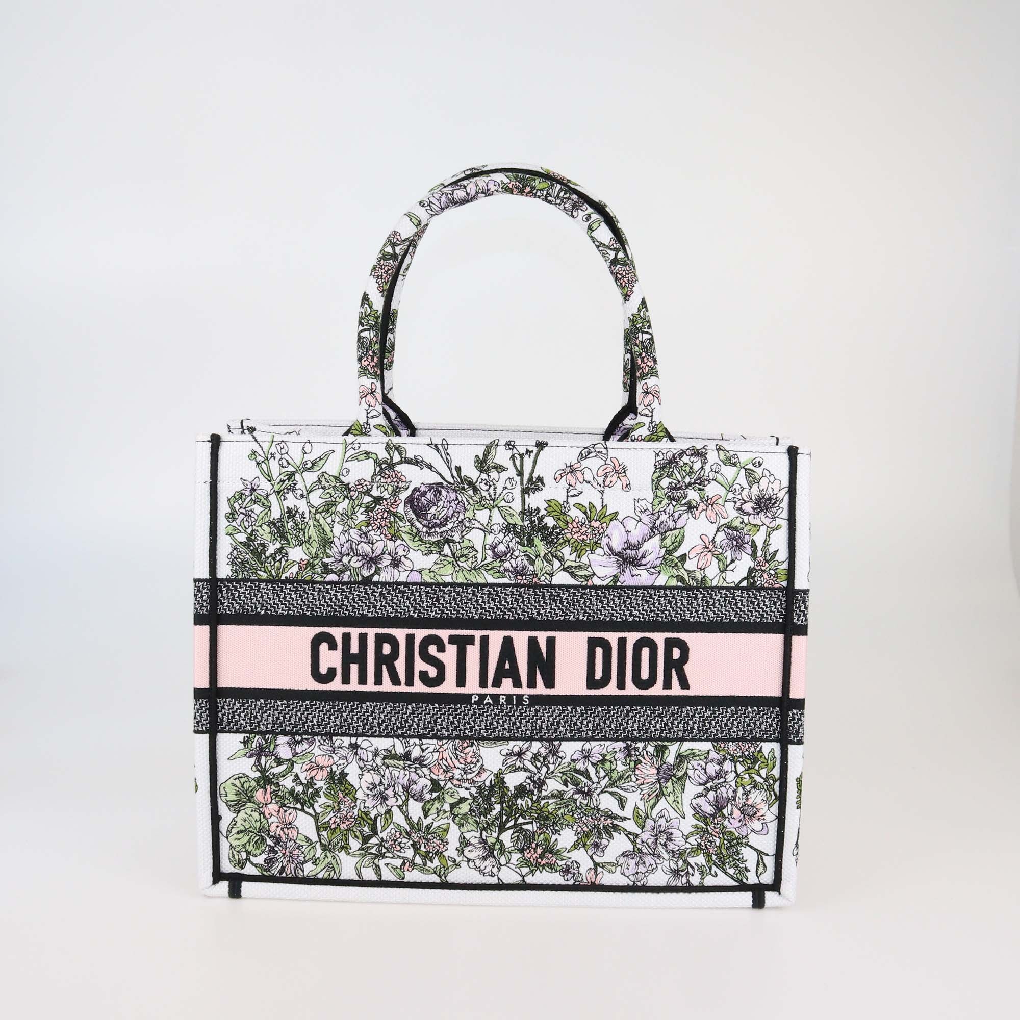 Christian Dior White/Pink Floral Embroidered Medium Book Tote